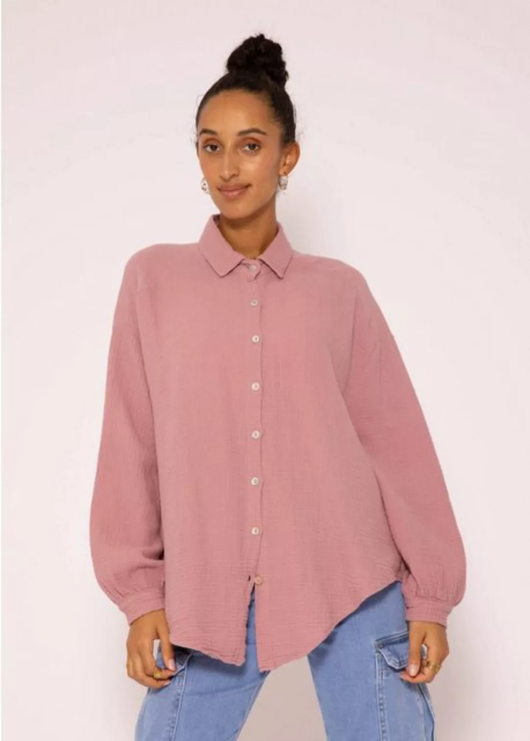 SASSYCLASSY Longbluse Oversize Musselin Bluse Damen kurz Langarm Elegant He günstig online kaufen