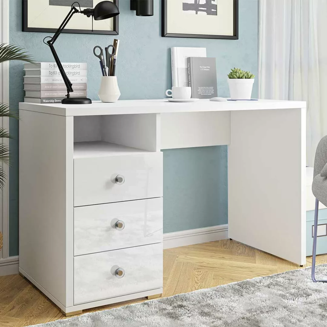 Home Office Schreibtisch Weiß Hochglanz Front drei Schubladen günstig online kaufen