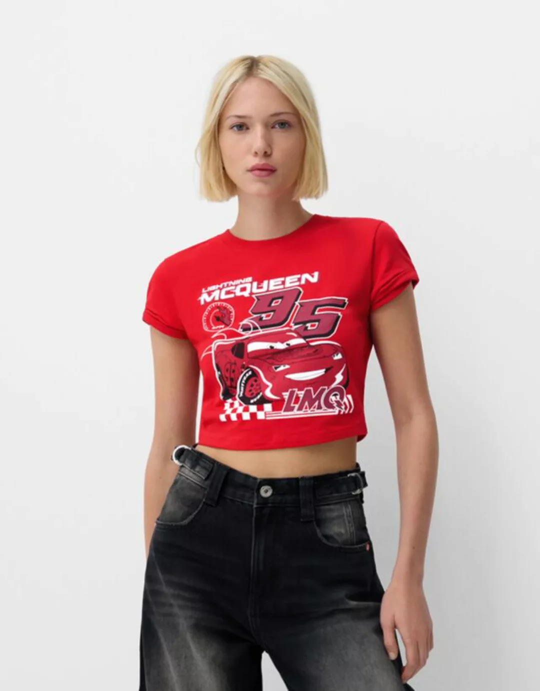 Bershka T-Shirt Cars Mit Kurzen Ärmeln Und Print Damen M Rot günstig online kaufen