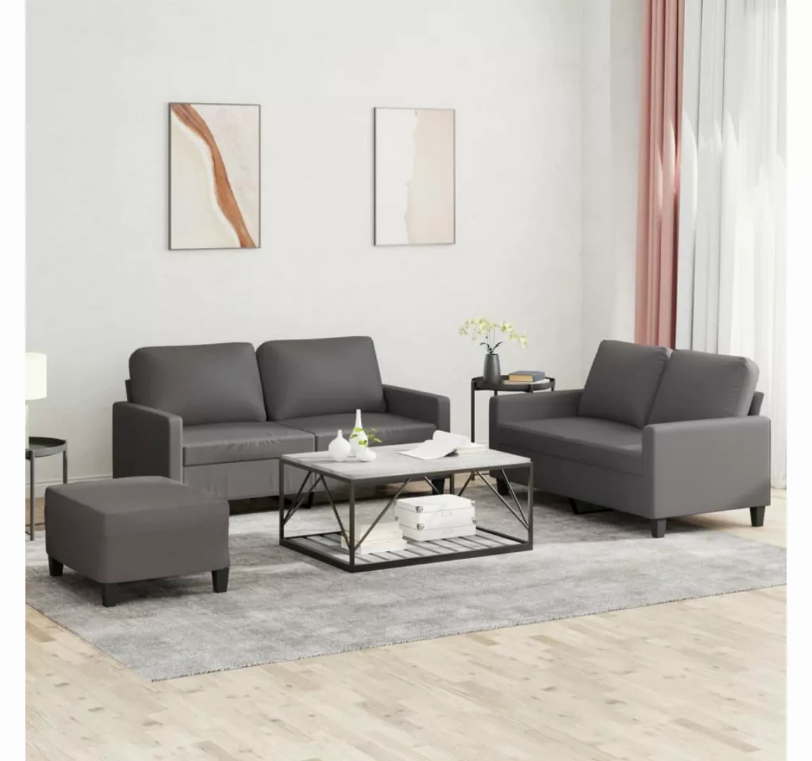 vidaXL Sofa Sofagarnitur mit Kissen Kunstleder, Standard + Fußhocker, Grau günstig online kaufen