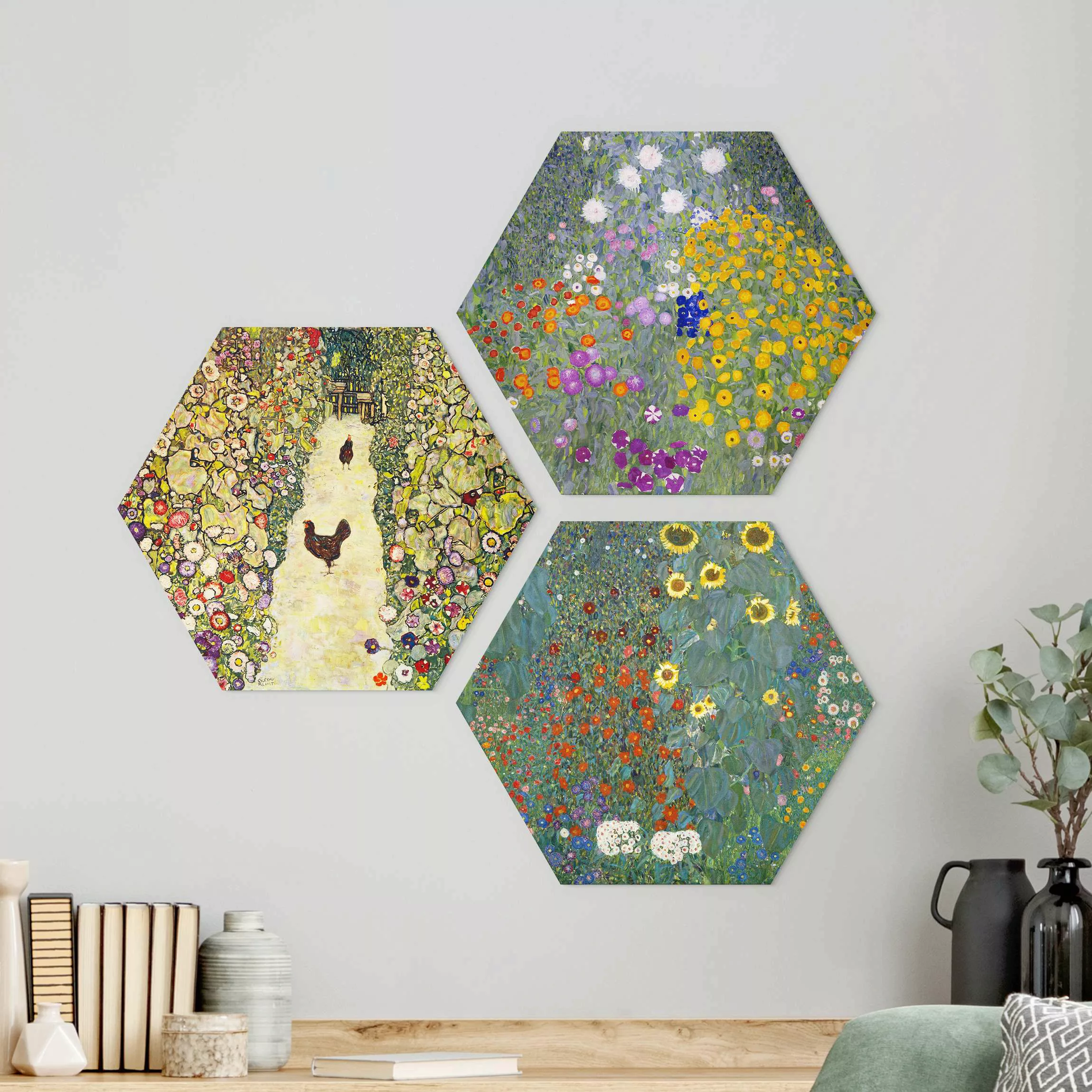 3-teiliges Hexagon-Alu-Dibond Bild Gustav Klimt - Im Garten günstig online kaufen