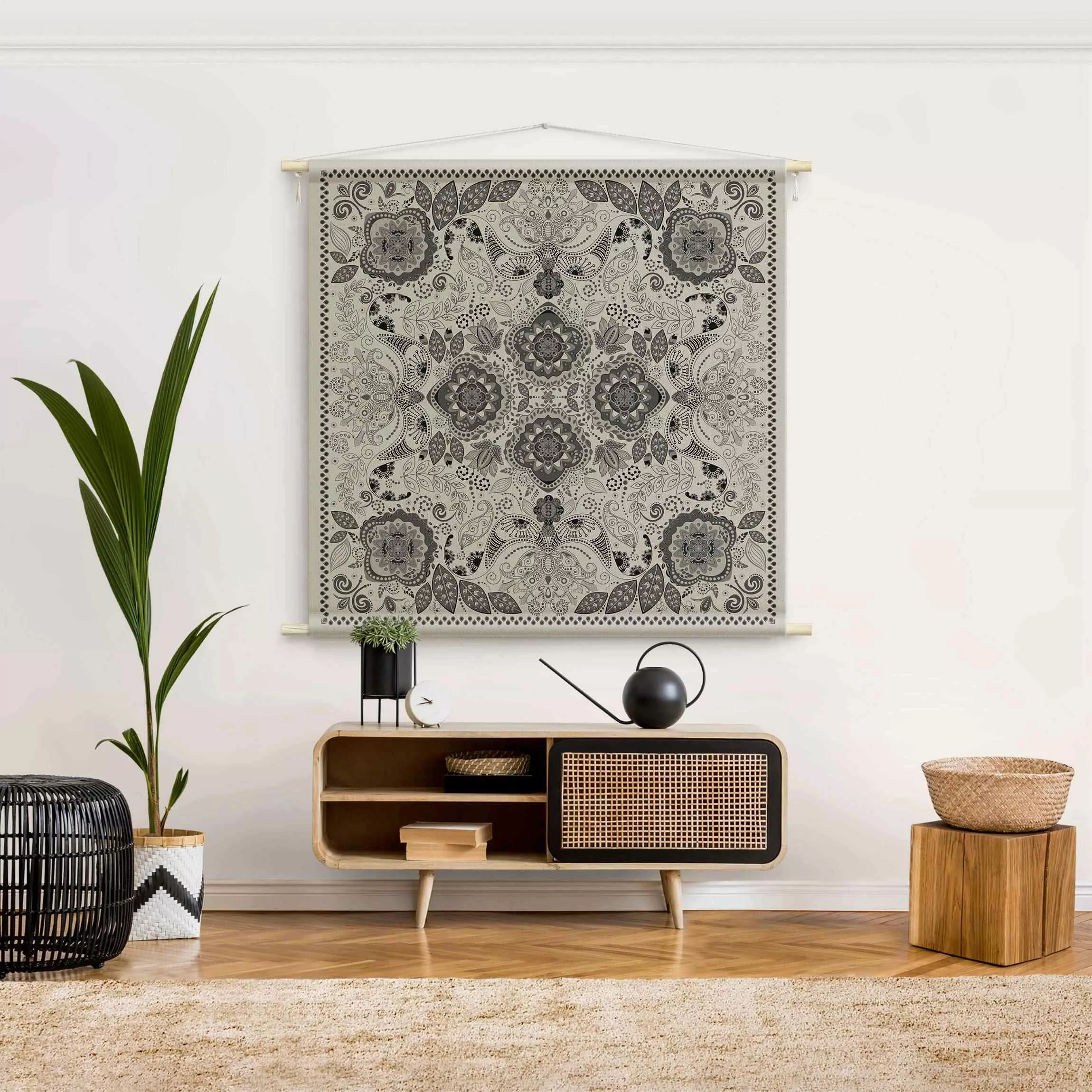 Wandteppich Detailliertes Boho Muster in Grau günstig online kaufen