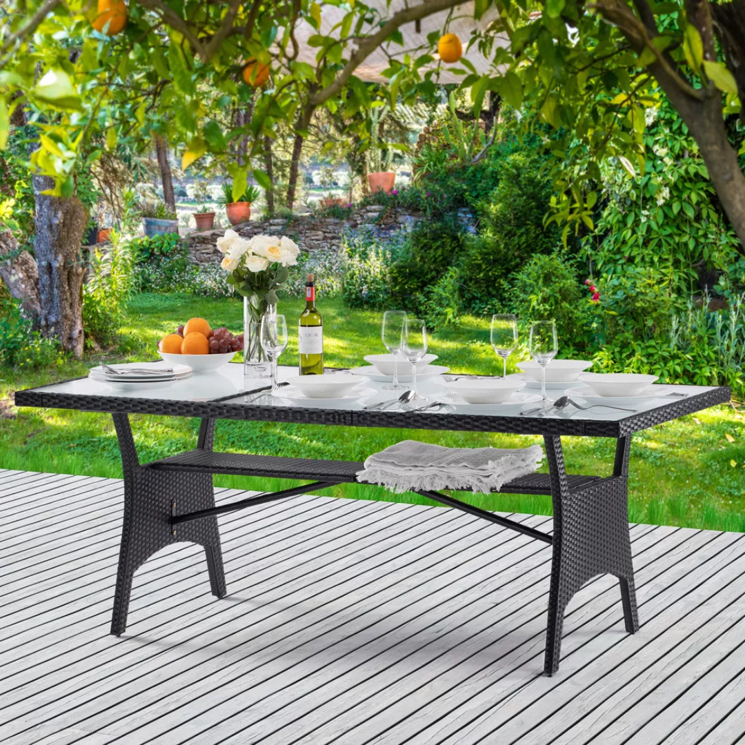 Polyrattan Gartentisch Takeo Schwarz 190x90x74cm Glas günstig online kaufen