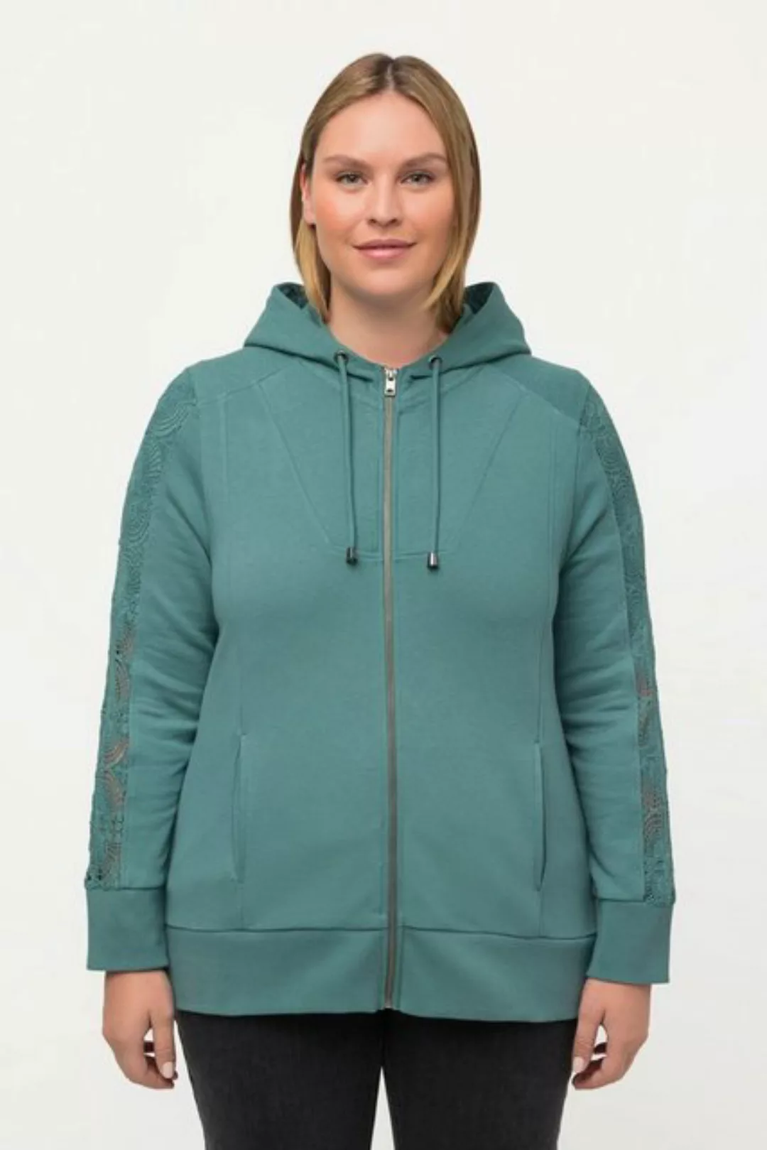 Ulla Popken Sweatjacke Hoodiejacke Spitze Kapuze Biobaumwolle günstig online kaufen