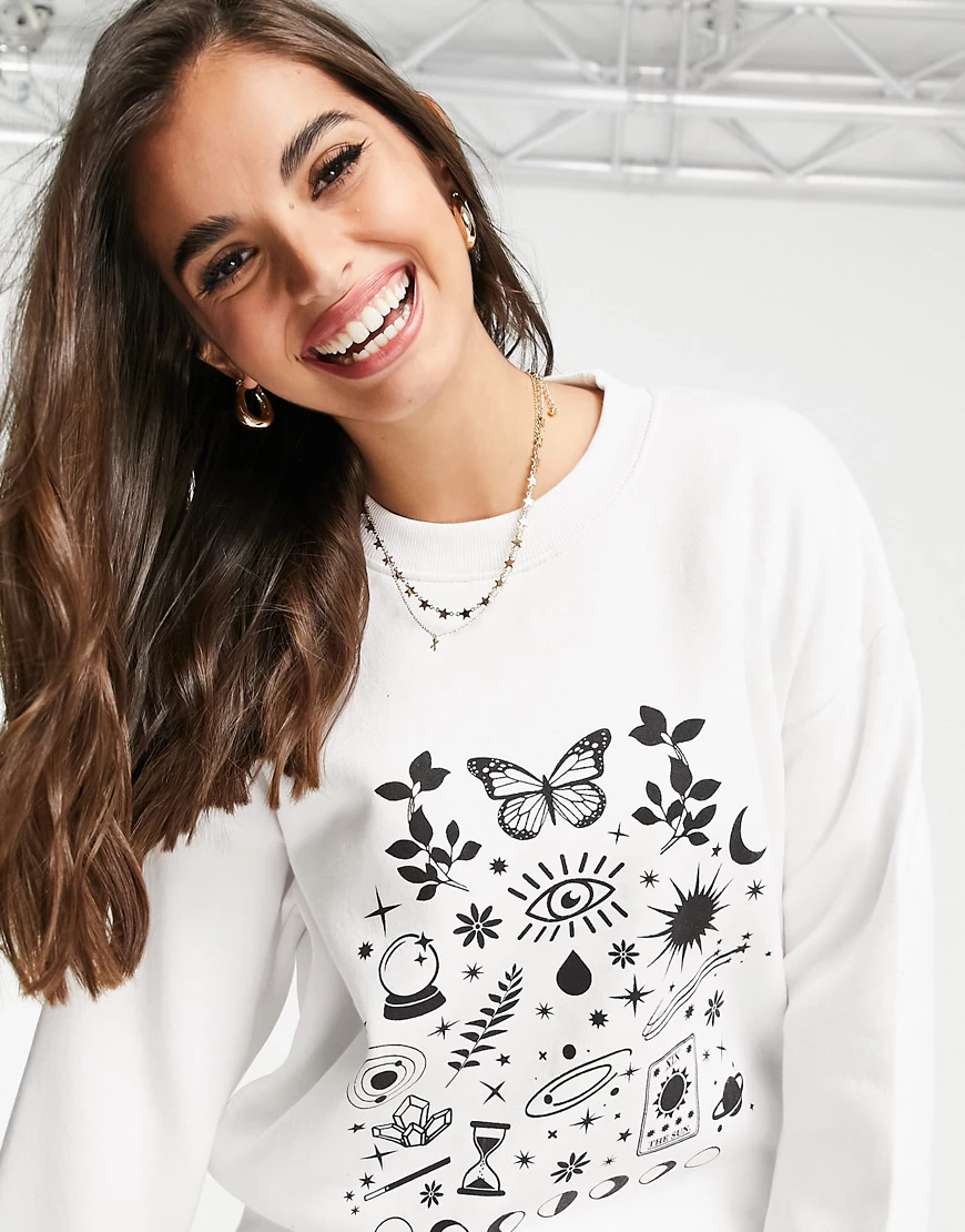Daisy Street – Locker geschnittenes Sweatshirt mit Astrologie-Print-Weiß günstig online kaufen