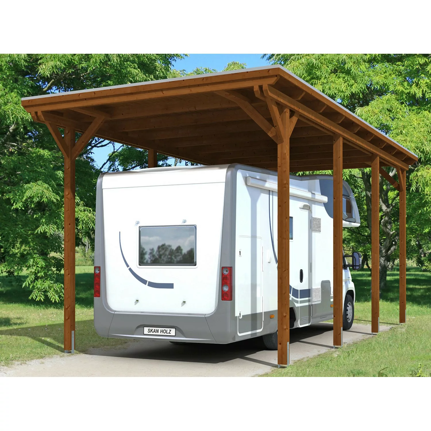 Skan Holz Carport Emsland Caravan 404 cm x 846 cm Nussbaum günstig online kaufen