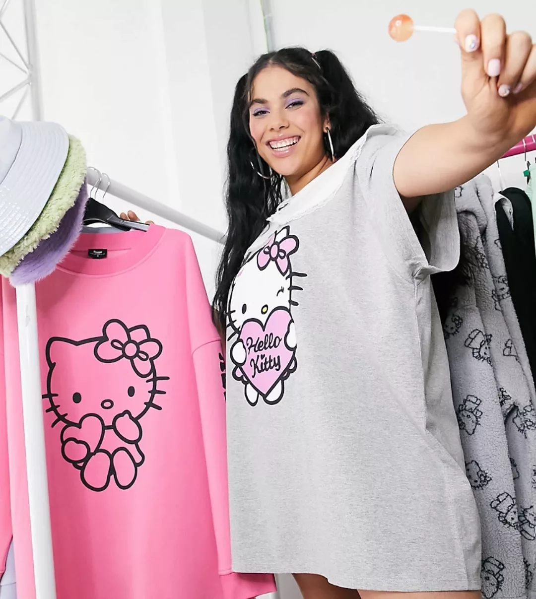 New Girl Order Curve x Hello Kitty – Oversize-T-Shirt-Kleid mit Kontrastkra günstig online kaufen