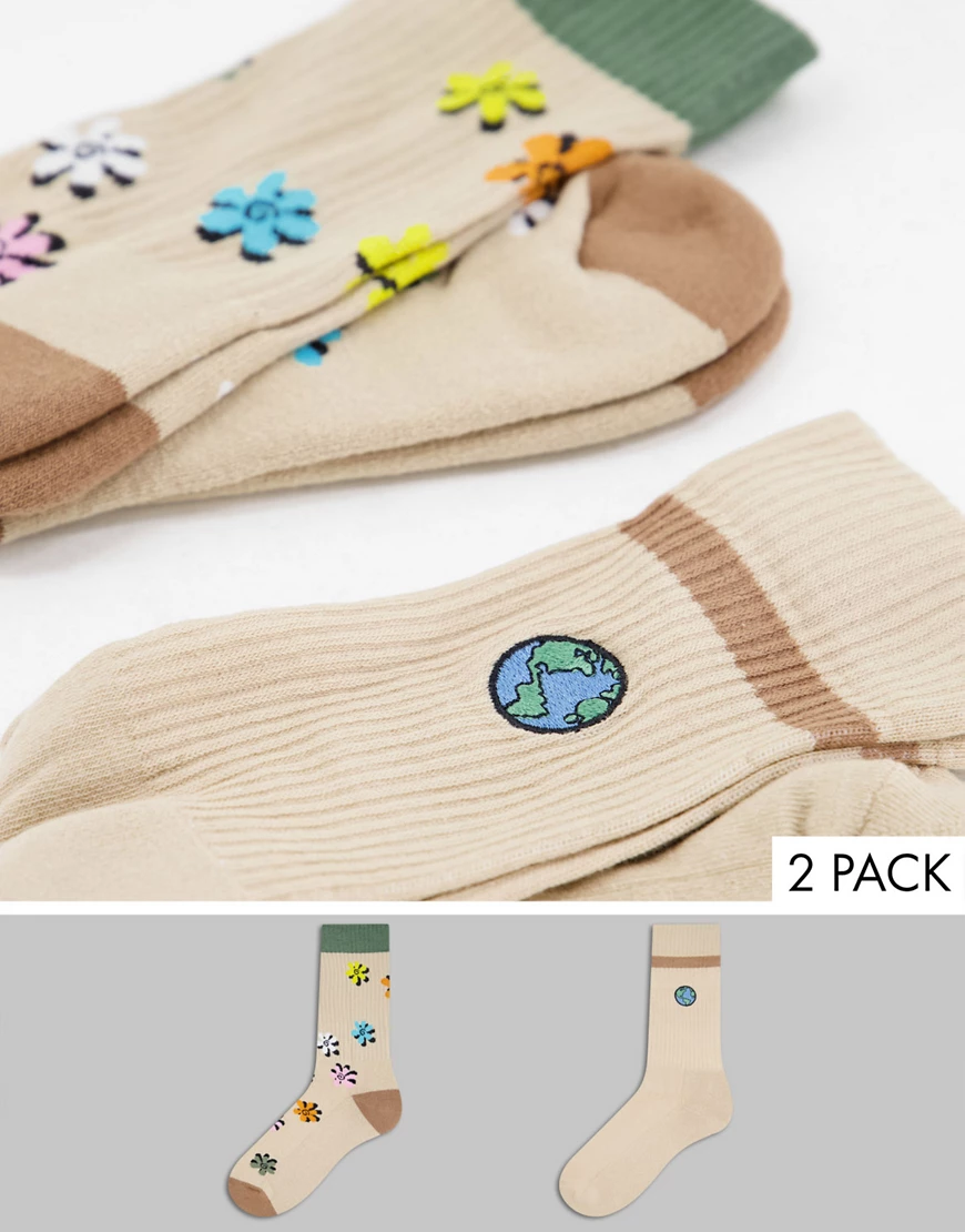 ASOS DESIGN – 2er-Pack Sportsocken mit Weltkugel- und Blumendesign-Mehrfarb günstig online kaufen
