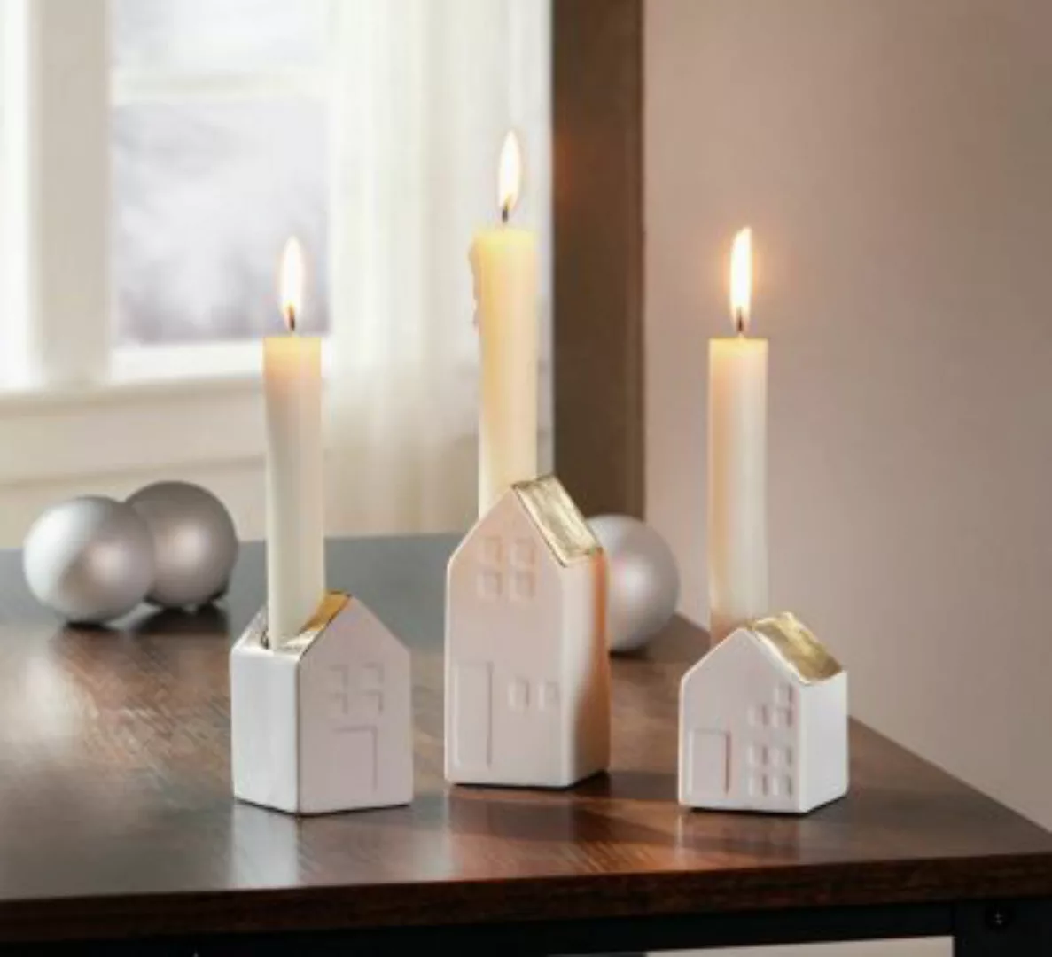 HOME Living Kerzenhalter SPAR-SET 2x Häuschen Kerzenständer weiß/gold günstig online kaufen