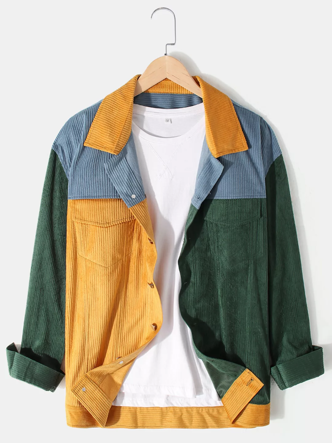 Herren Designer Patchwork Colorblock Revers Cordjacke mit Klappentasche günstig online kaufen