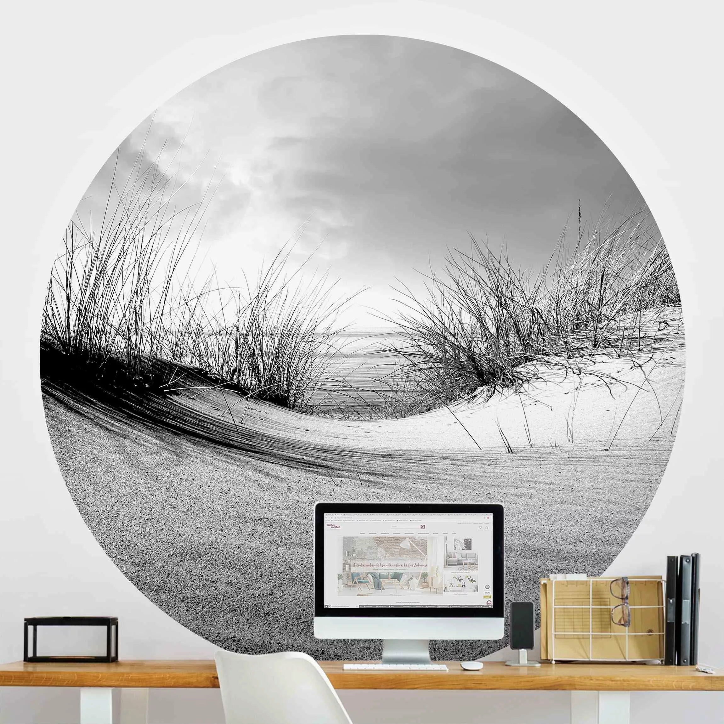 Runde Fototapete selbstklebend Sanddüne Schwarz-Weiß günstig online kaufen