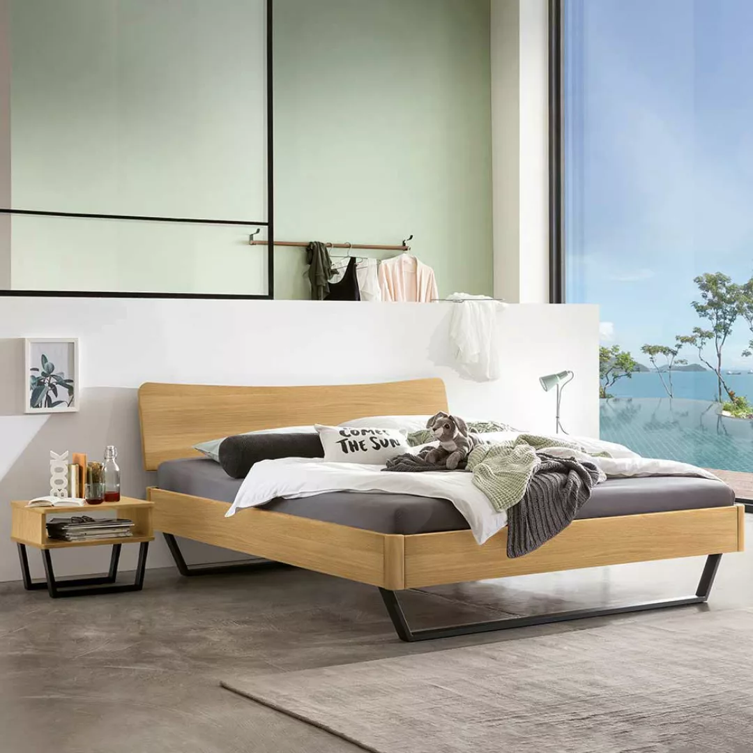 Doppelbett mit Metallkufen in Eiche hell geölt Anthrazit günstig online kaufen