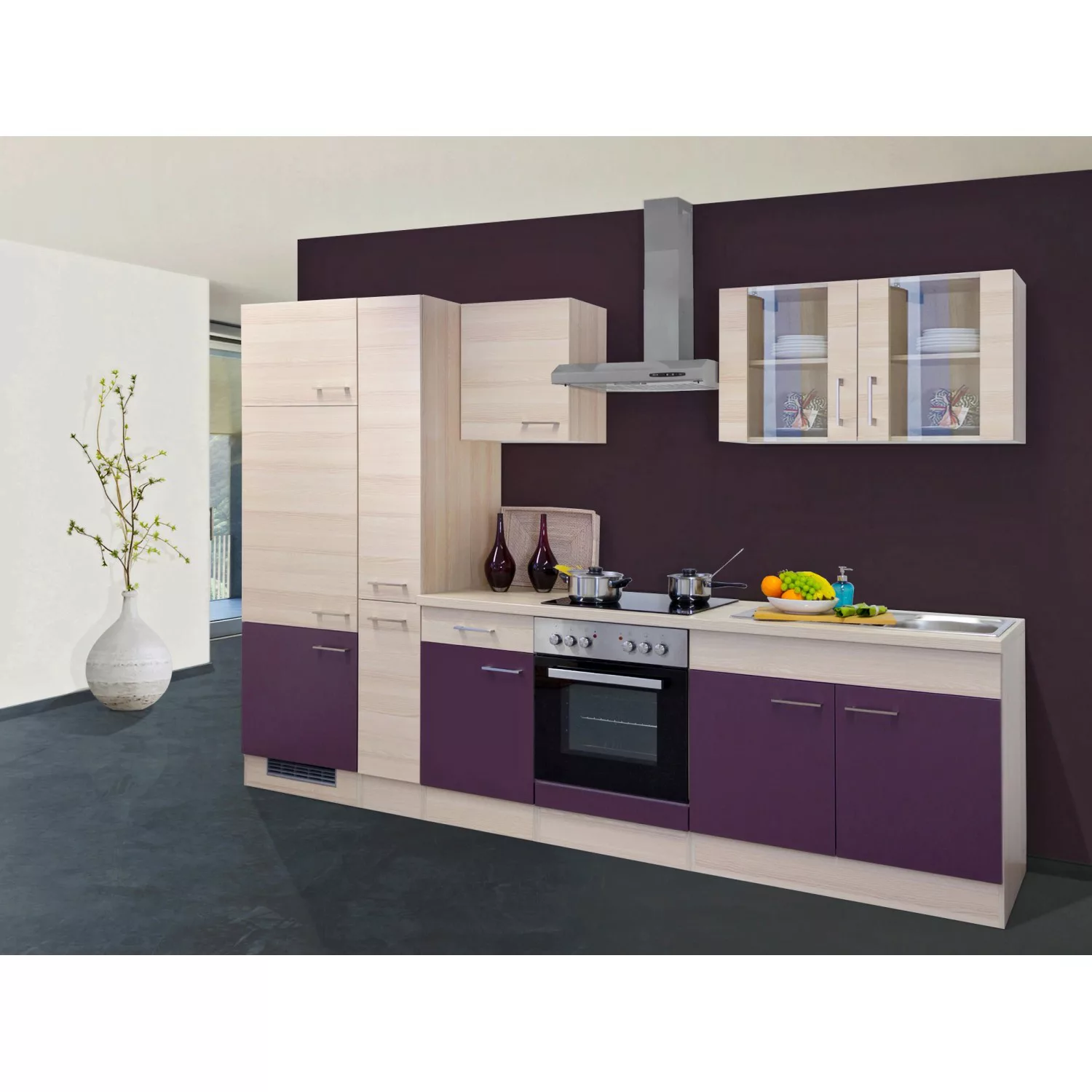 Flex-Well Exclusiv Küchenzeile/Küchenblock Focus 300 cm Akazie-Aubergine günstig online kaufen