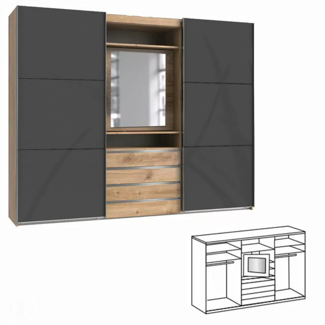 Lomadox Kleiderschrank MIDLAND-43 in Eiche Glasfronten grau Schwebetüren Sp günstig online kaufen