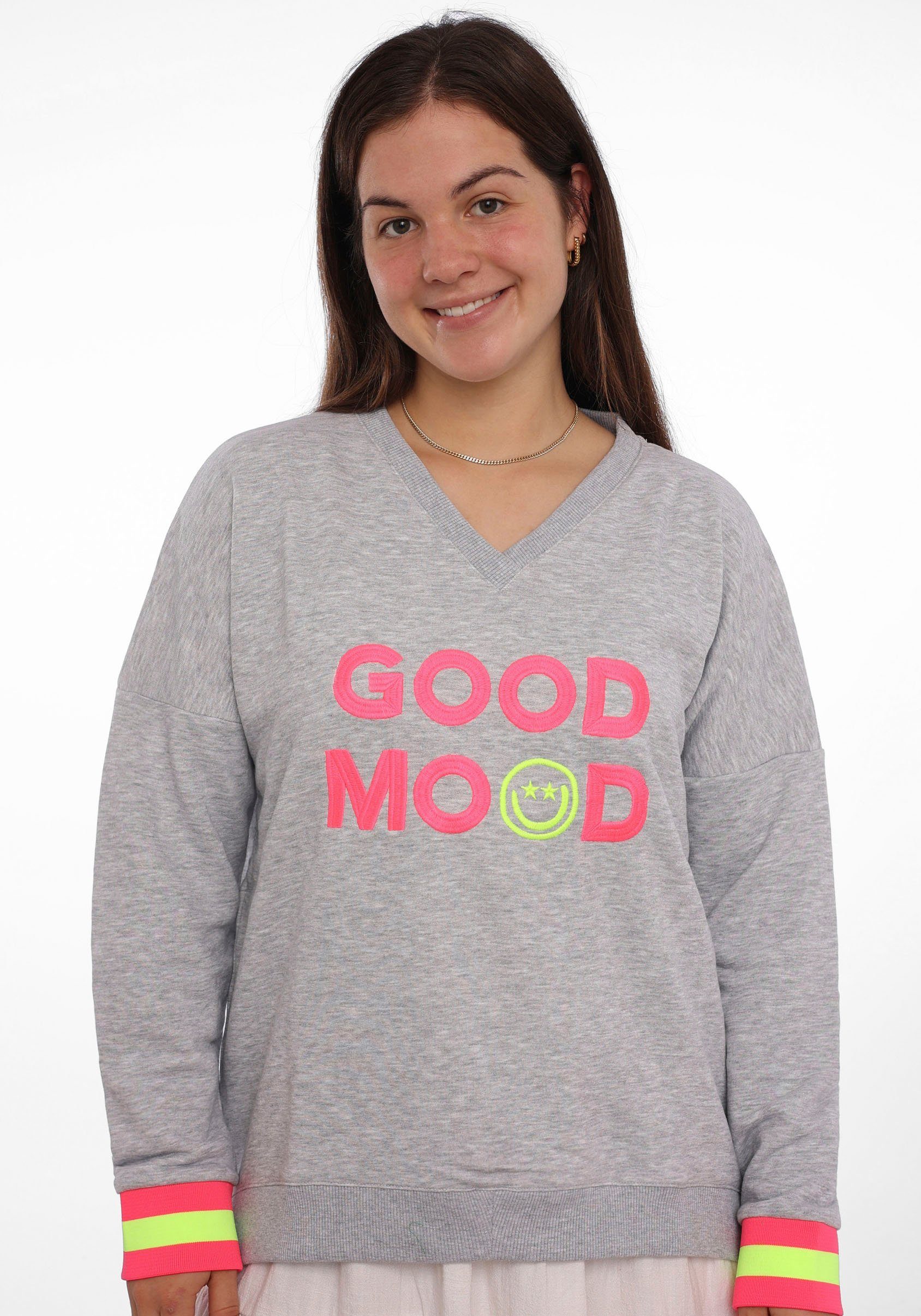 Zwillingsherz Sweatshirt Langarm, Neon-Details, V-Ausschnitt, Schriftzug günstig online kaufen