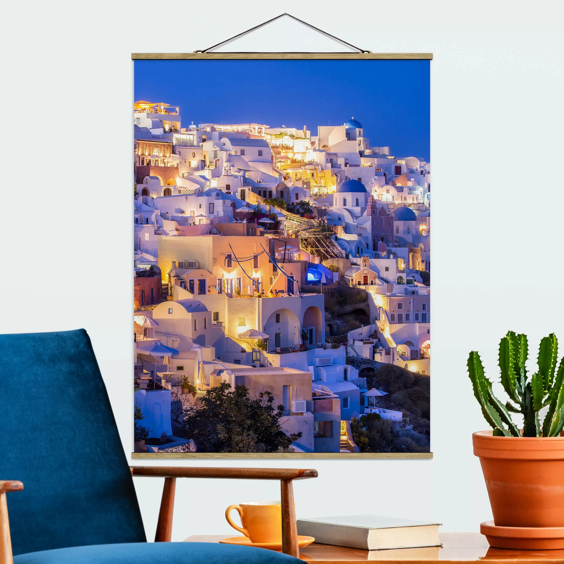 Stoffbild mit Posterleisten Santorini at night günstig online kaufen