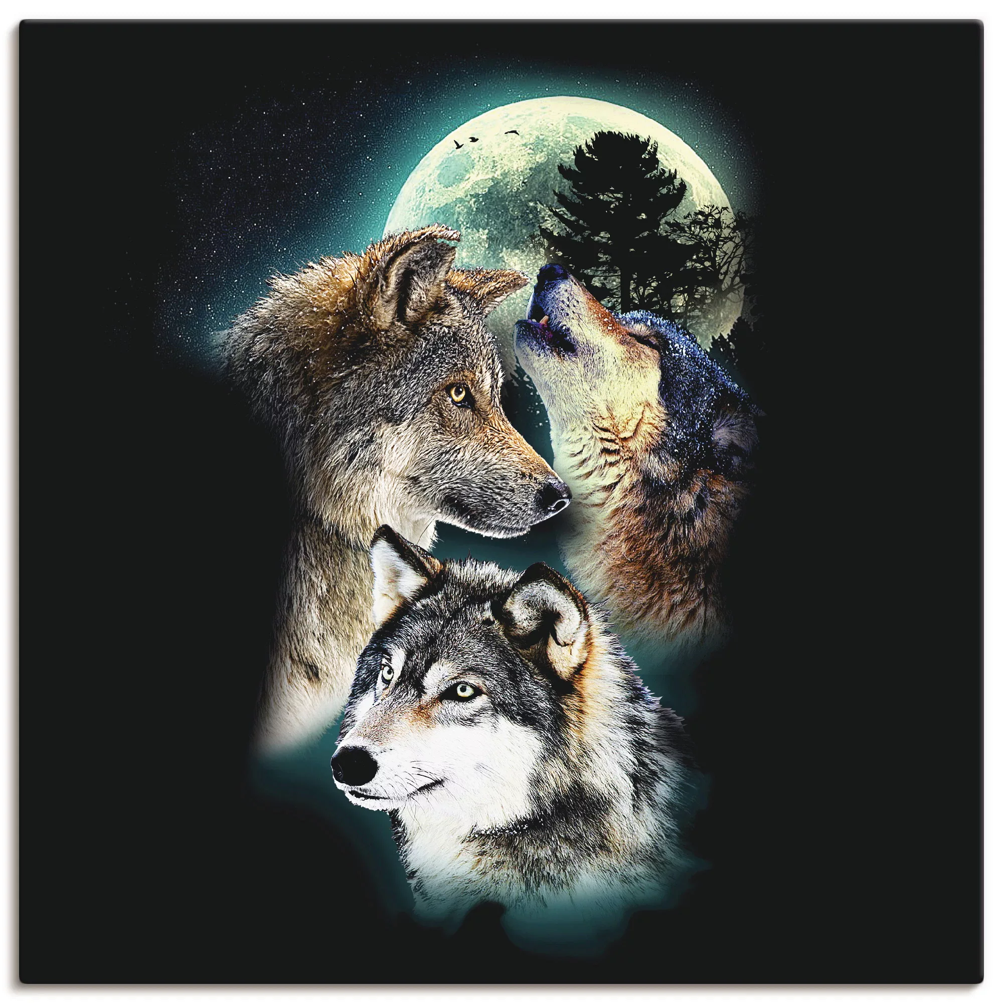 Artland Wandbild "Phantasie Wolf Wölfe mit Mond", Wildtiere, (1 St.), als L günstig online kaufen