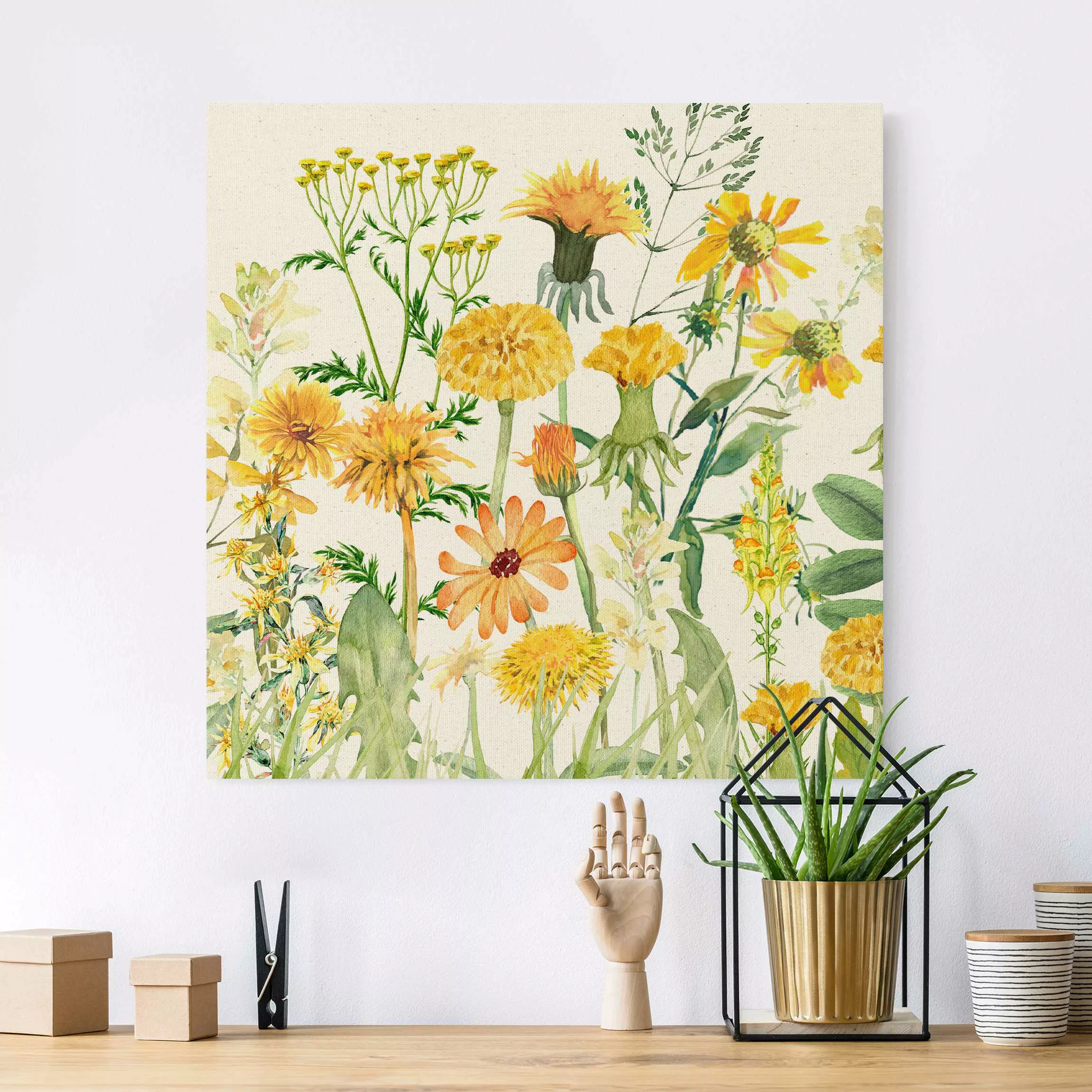 Leinwandbild auf Naturcanvas Aquarellierte Blumenwiese in Gelb günstig online kaufen