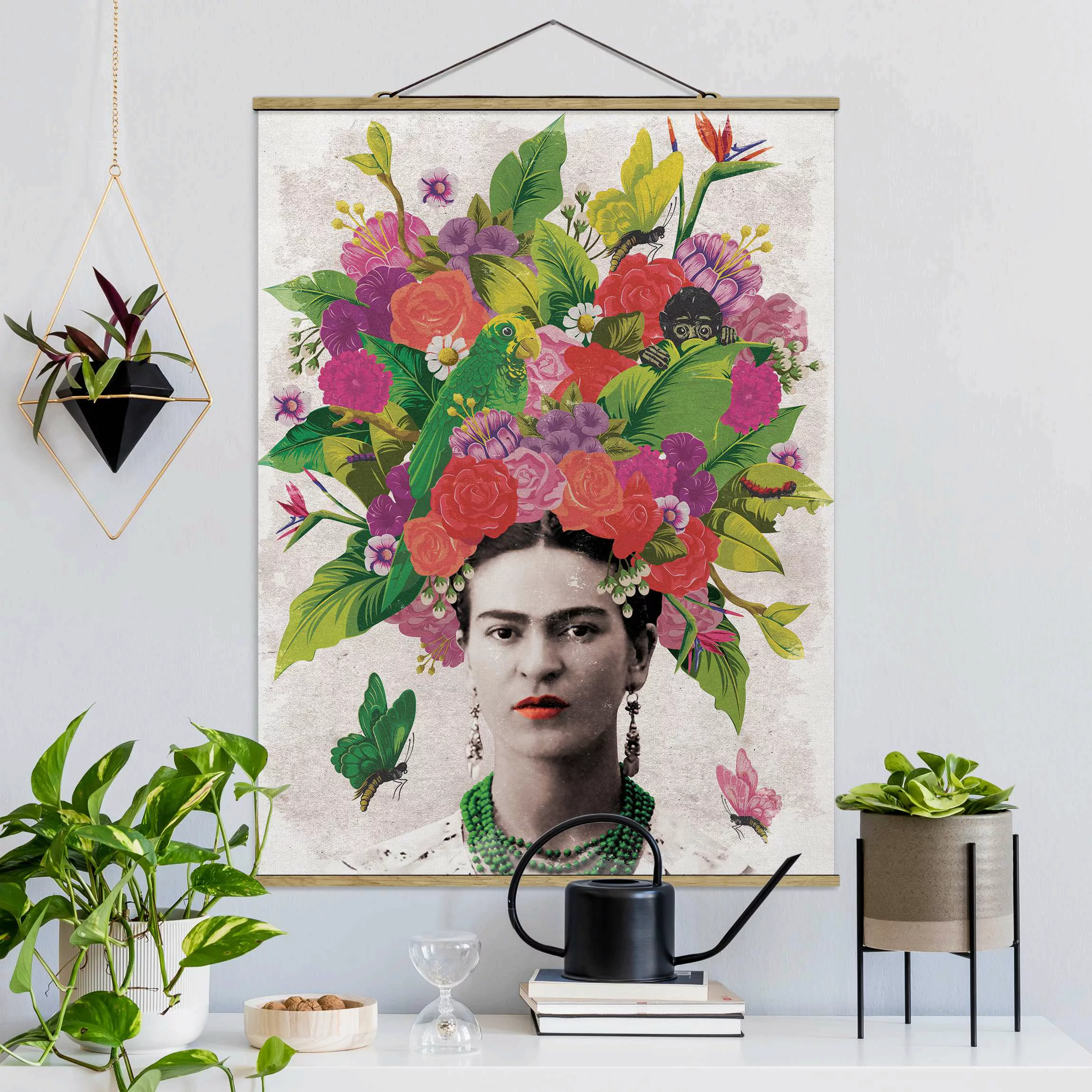 Stoffbild Blumen mit Posterleisten - Hochformat Frida Kahlo - Blumenportrai günstig online kaufen