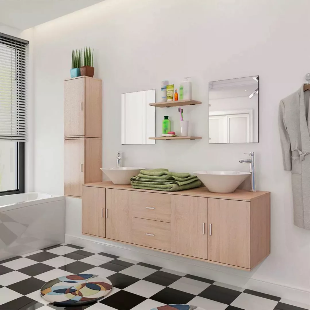 11-tlg. Badmöbel-set Mit Waschbecken Und Wasserhahn Beige günstig online kaufen