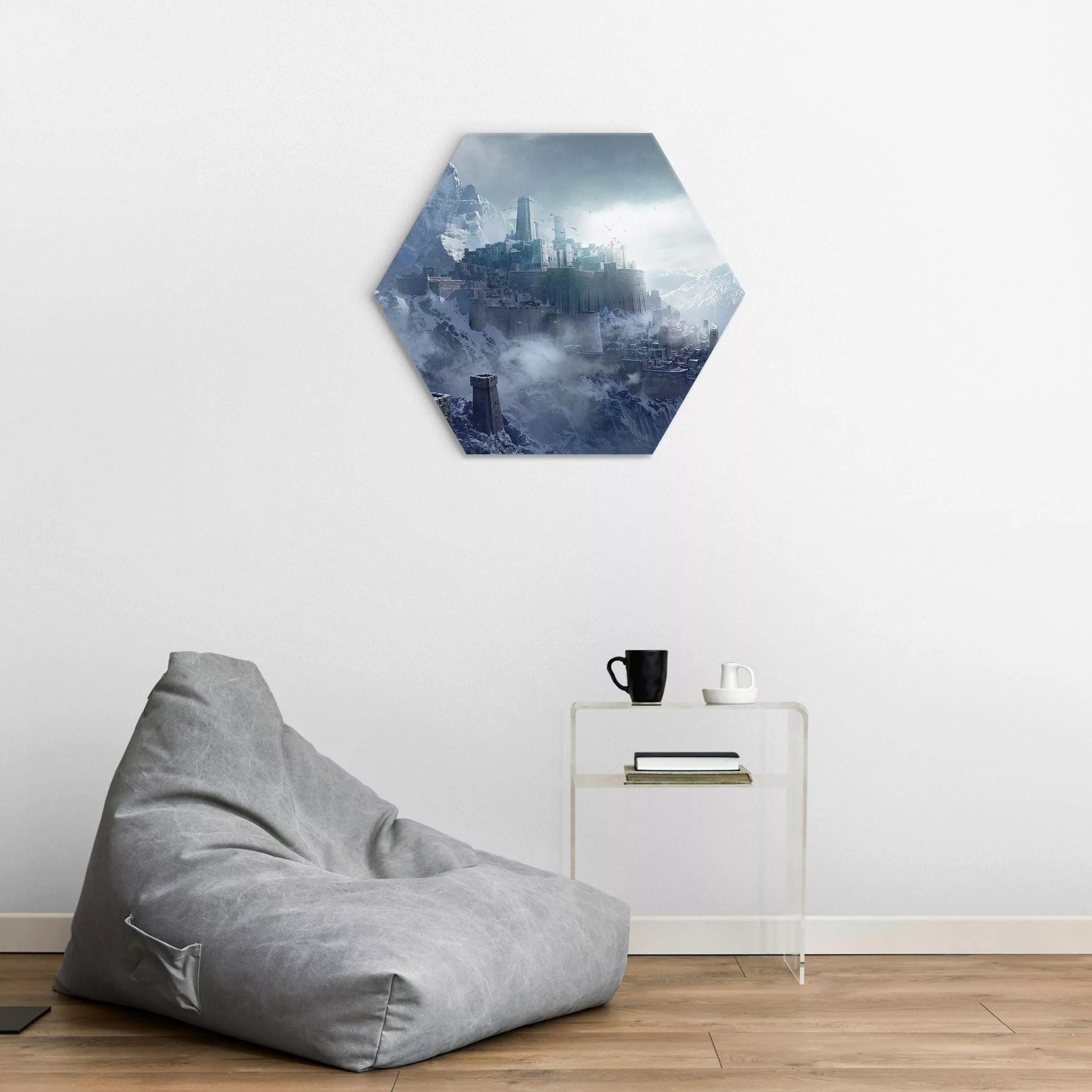 Hexagon-Alu-Dibond Bild Phantastische Festung in den Bergen günstig online kaufen