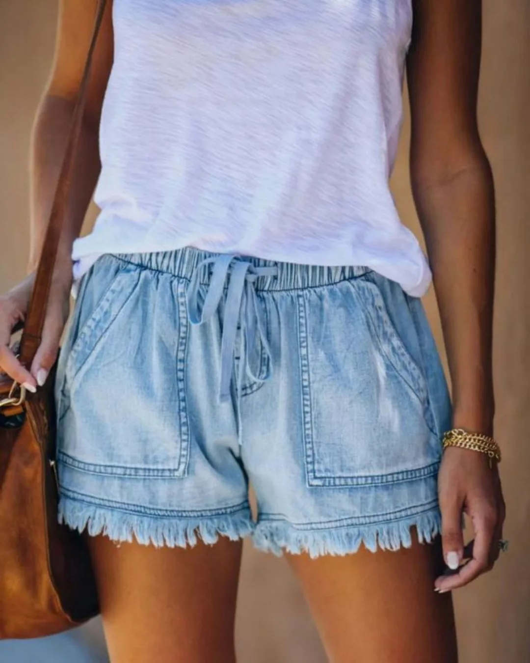 saburona Stretch-Jeans Schmale Jeans-Shorts mit elastischem Bund und Kordel günstig online kaufen