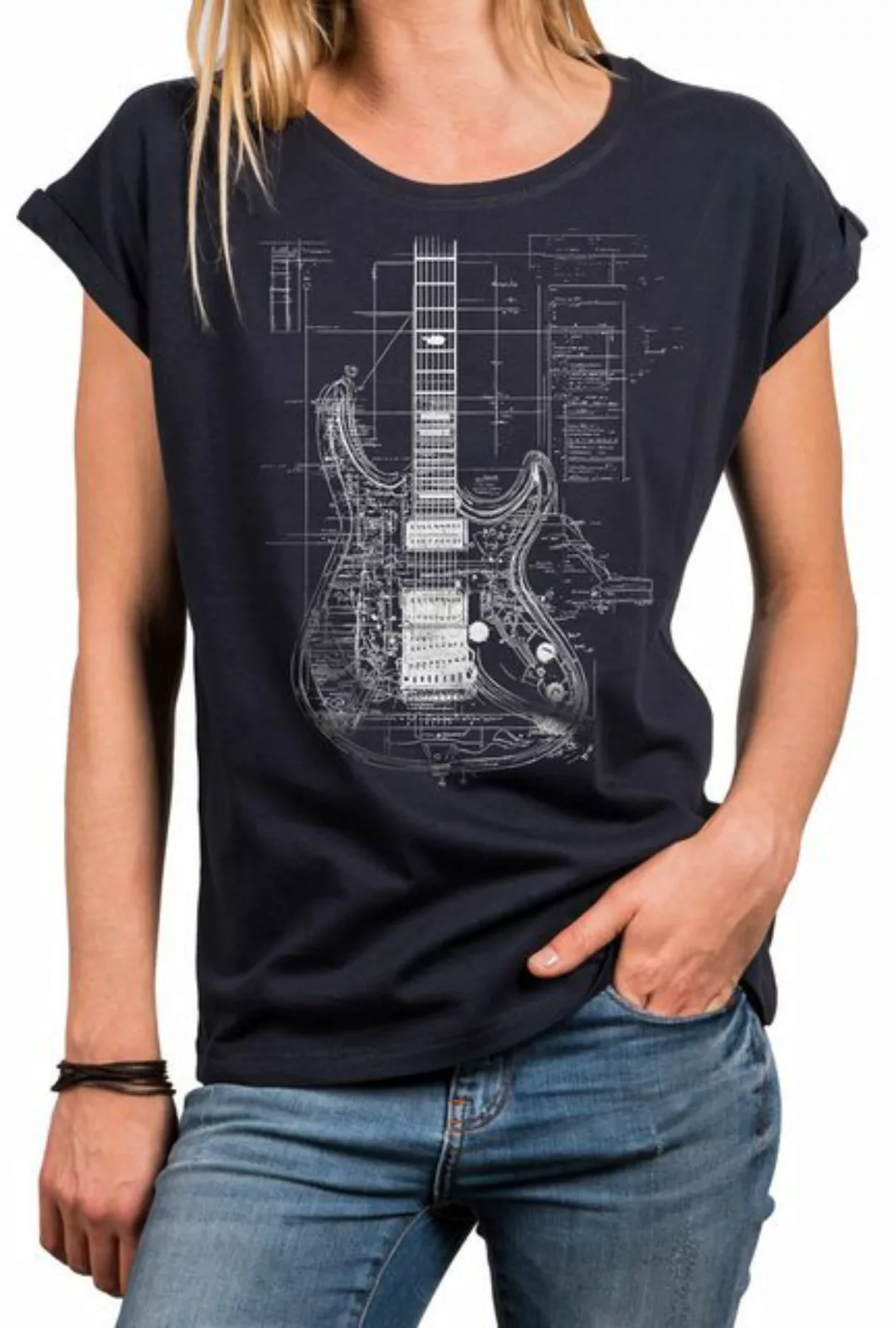 MAKAYA Print-Shirt Damen Gitarrenmotiv Gitarre Festival Outfit Rock Kurzarm günstig online kaufen