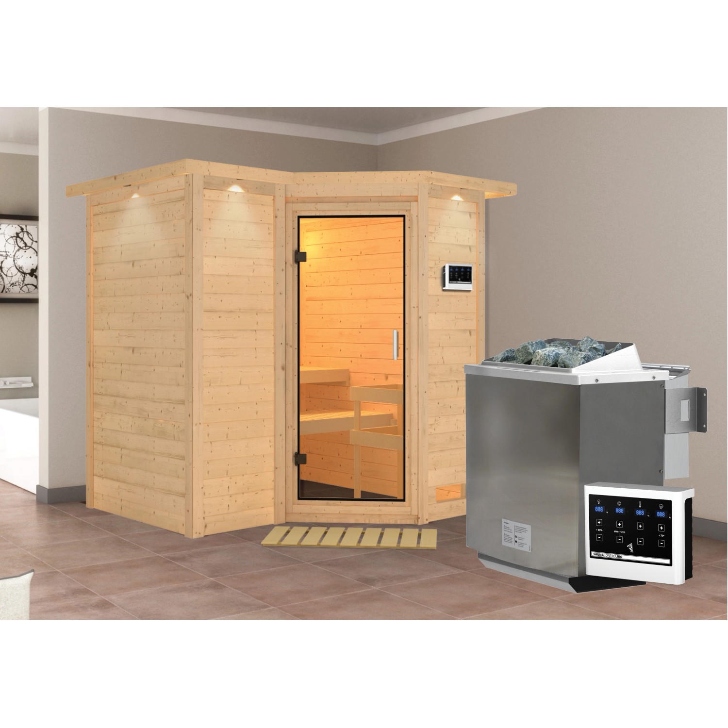 Woodfeeling Sauna Steena 1, Bio-Ofen, externe Steuerung Easy, Glastür, LED- günstig online kaufen