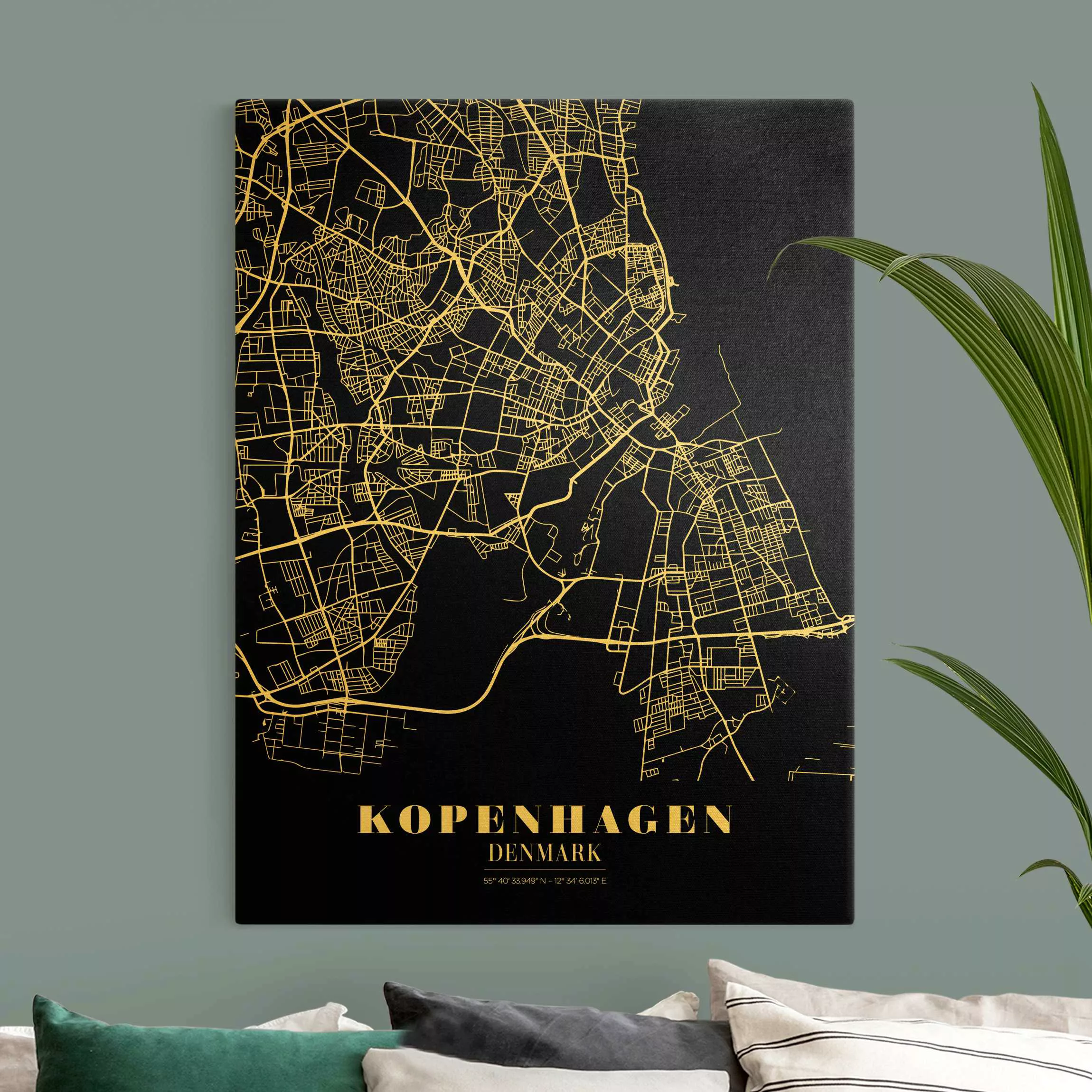 Leinwandbild Gold Stadtplan Kopenhagen - Klassik Schwarz günstig online kaufen