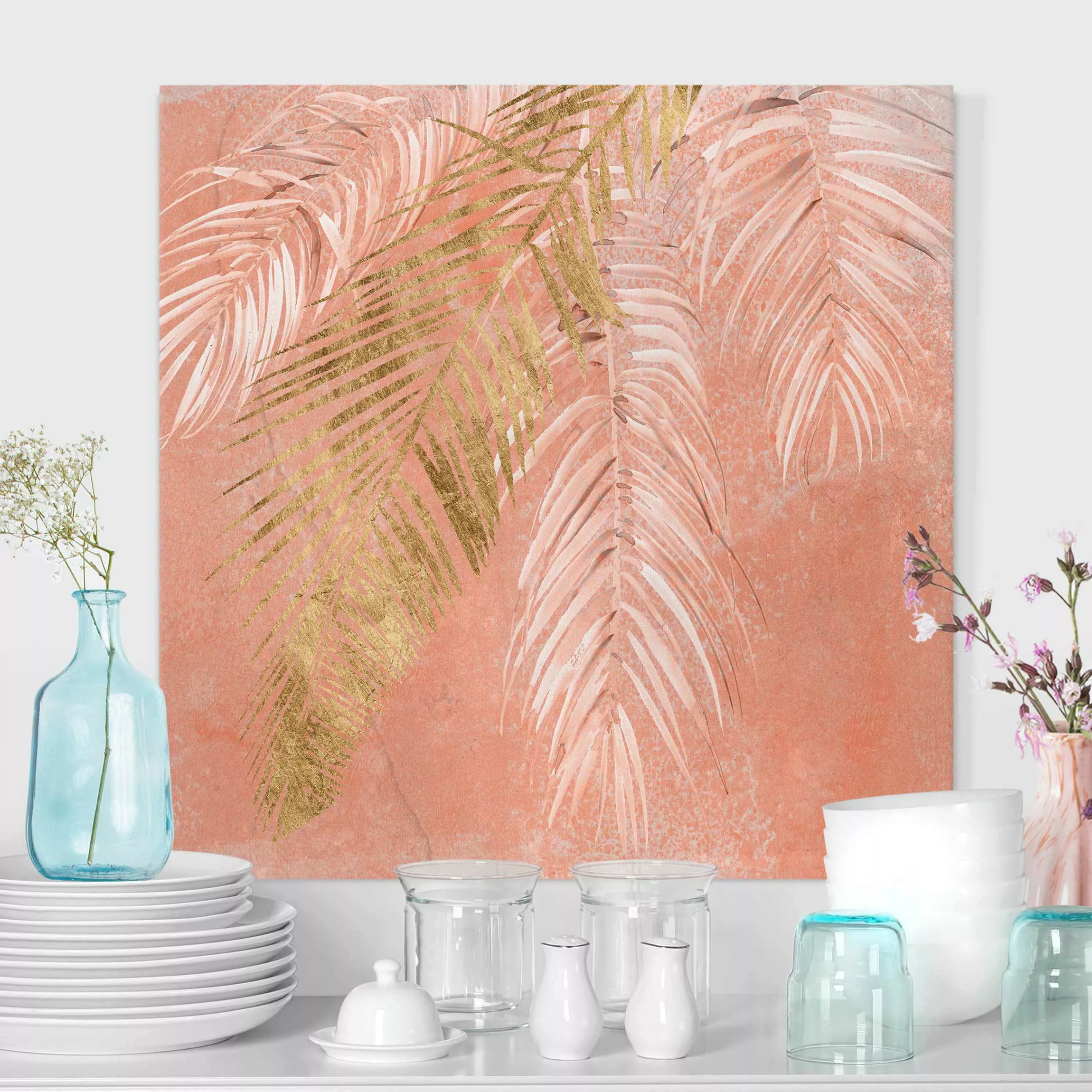 Leinwandbild Palmenblätter Rosa und Gold I günstig online kaufen