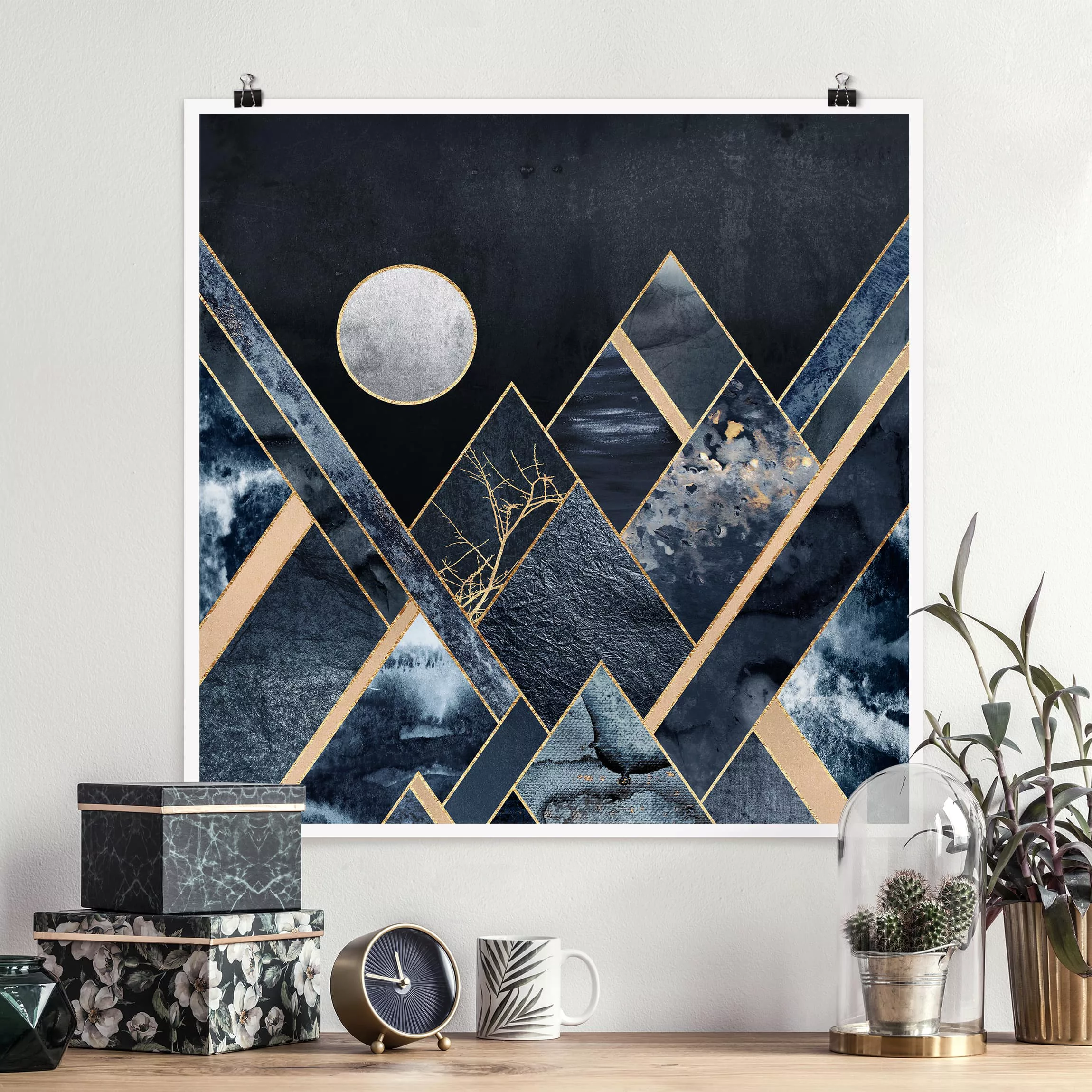 Poster Abstrakt - Quadrat Goldener Mond abstrakte schwarze Berge günstig online kaufen