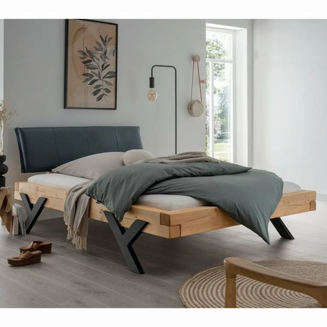 Massivholz Doppelbett, 140x200 cm, Fichte massiv, schwarzes Echtleder-Kopft günstig online kaufen