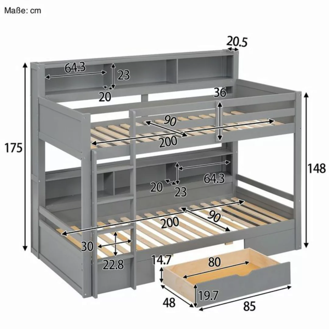 SOFTWEARY Etagenbett mit 2 Schlafgelegenheiten und Lattenrost (90x200 cm), günstig online kaufen