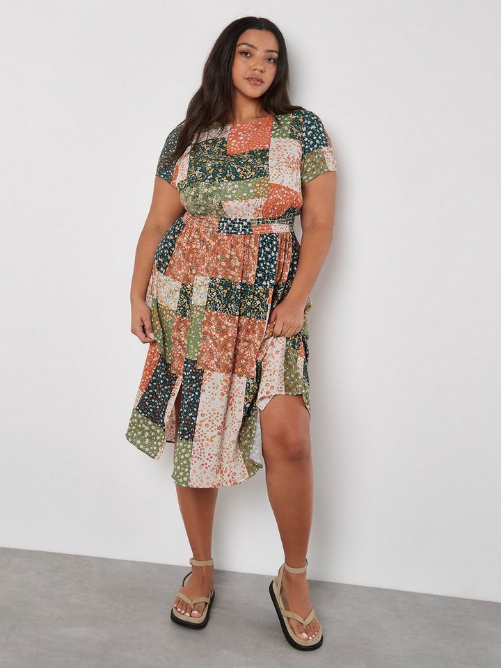 Apricot Midikleid Curve Ditsy Patchwork Print Midi Dress, mit gesmokter Tai günstig online kaufen