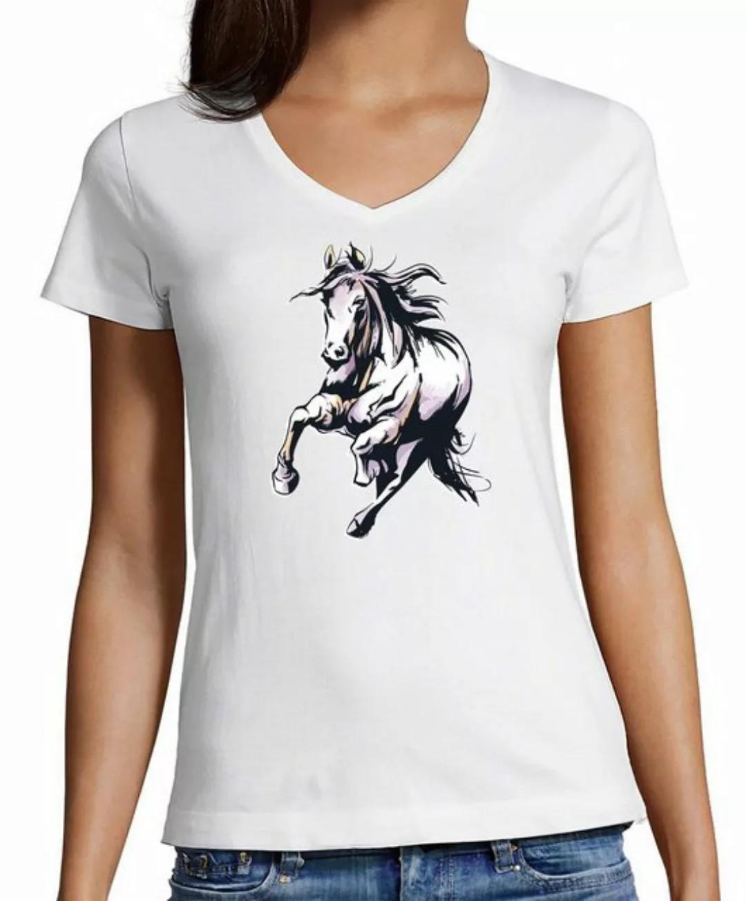 MyDesign24 T-Shirt Damen Pferde Print Shirt - Rennendes Pferd V-Ausschnitt günstig online kaufen