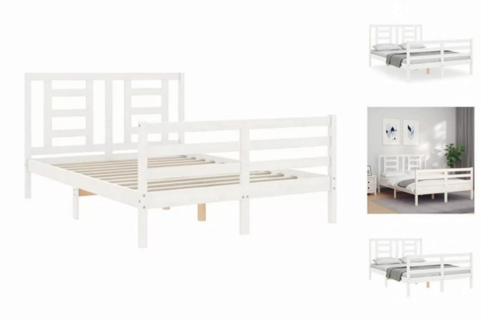 vidaXL Bettgestell Massivholzbett mit Kopfteil Weiß 140x200 cm Bett Bettges günstig online kaufen