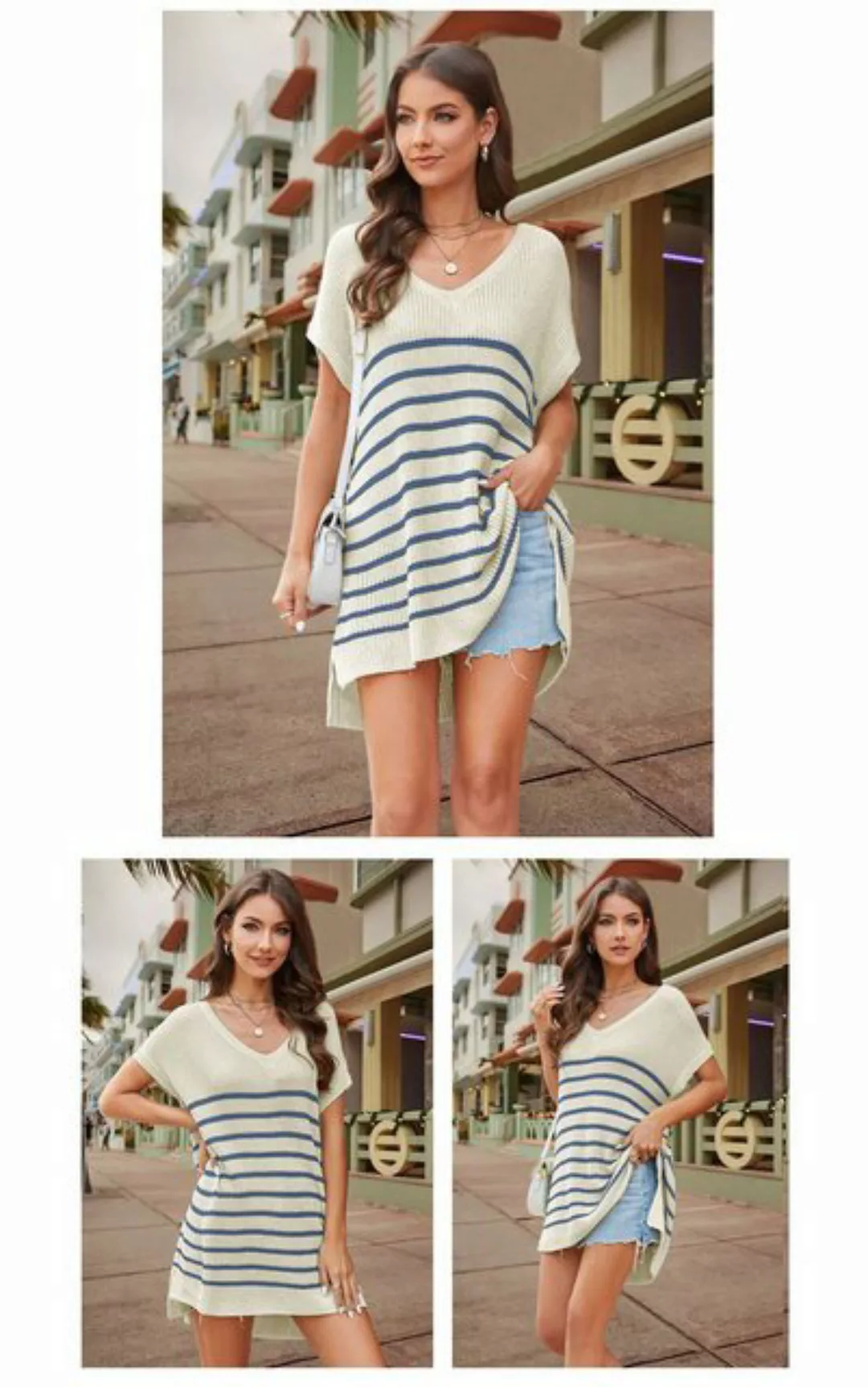 RUZU UG Blusentop Shirtbluse Gestreiftes Pulloveroberteil Damen V-Ausschnit günstig online kaufen