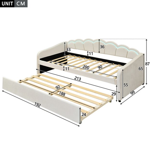 Flieks Daybett, LED Tagesbett Schlafsofa Kinderbett 90x200cm mit Ausziehbet günstig online kaufen