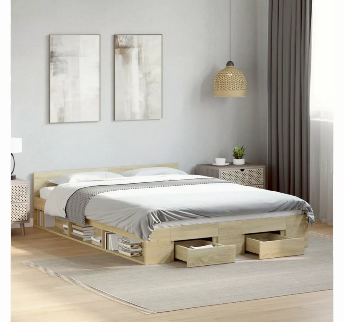 vidaXL Bett, Bettgestell mit Schubladen Sonoma-Eiche 120x200cm Holzwerkstof günstig online kaufen