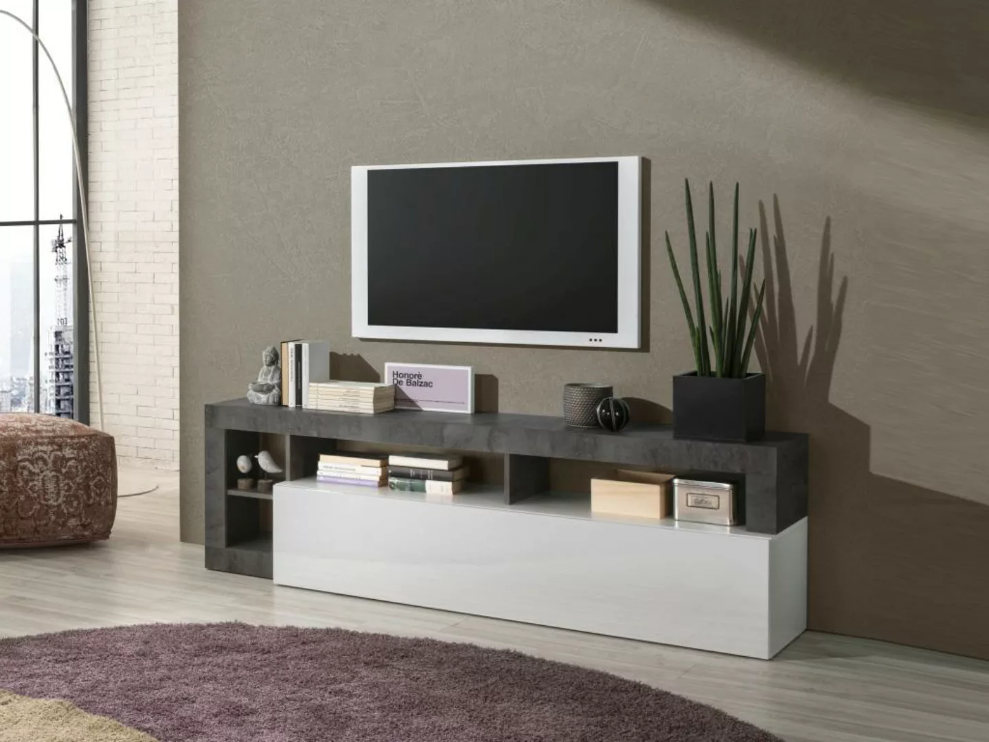 TV-Möbel mit 1 Tür & 4 Ablagen - Weiß lackiert & Eichefarben - SEFRO günstig online kaufen