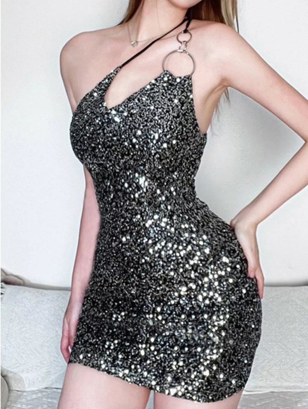 ZWY Dirndl Unregelmäßiges paillettenbesetztes Kleid kurzes Damenkleid Elega günstig online kaufen