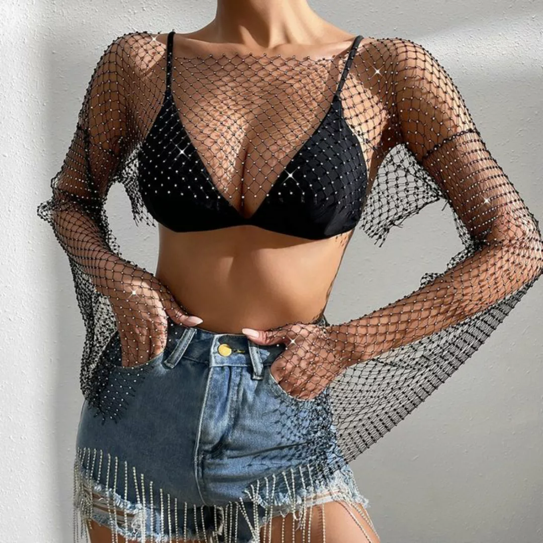 RUZU UG Blusentop Shirtbluse Damen Sexy Mesh Diamond Rundhals-Langarm-Top günstig online kaufen