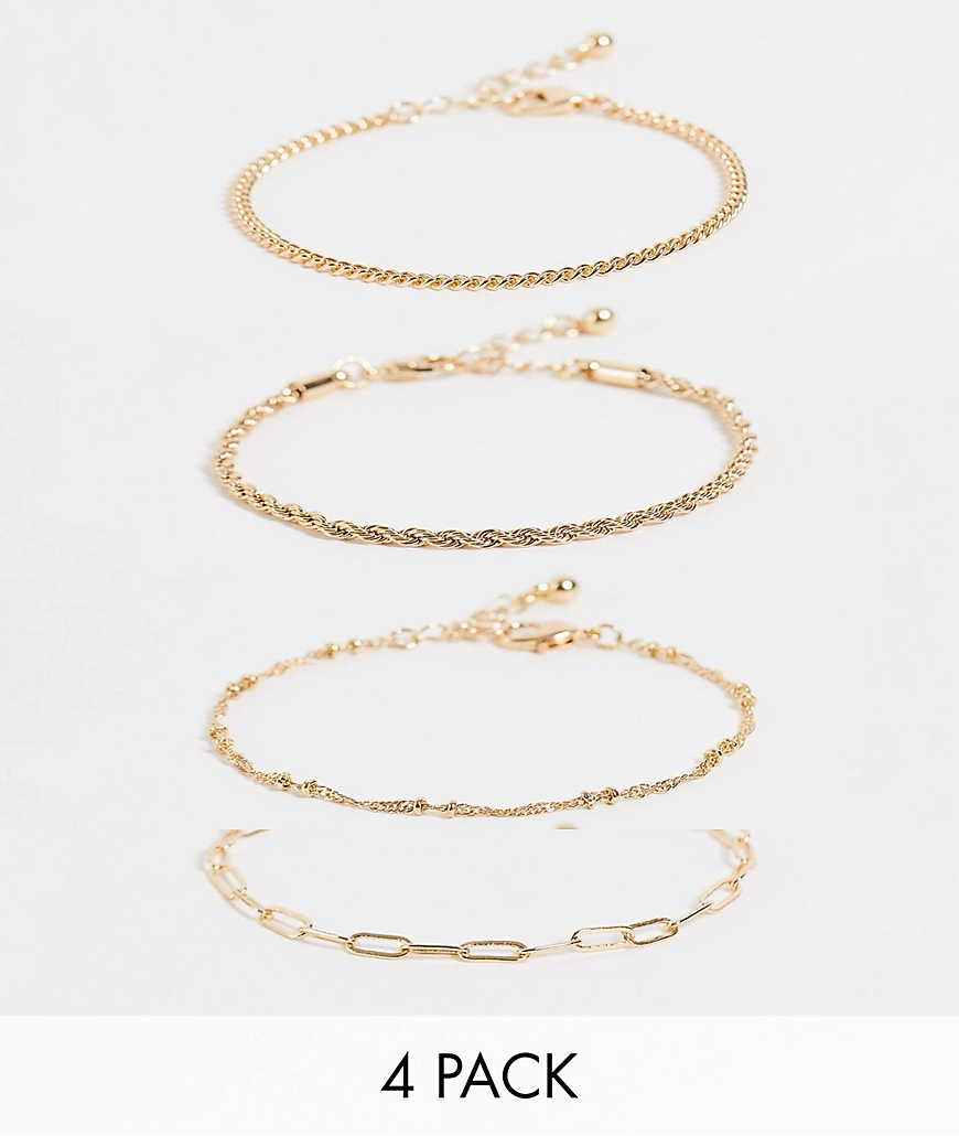 ASOS DESIGN Curve – Set mit 4 schmalen, goldfarbenen Kettenarmbändern günstig online kaufen
