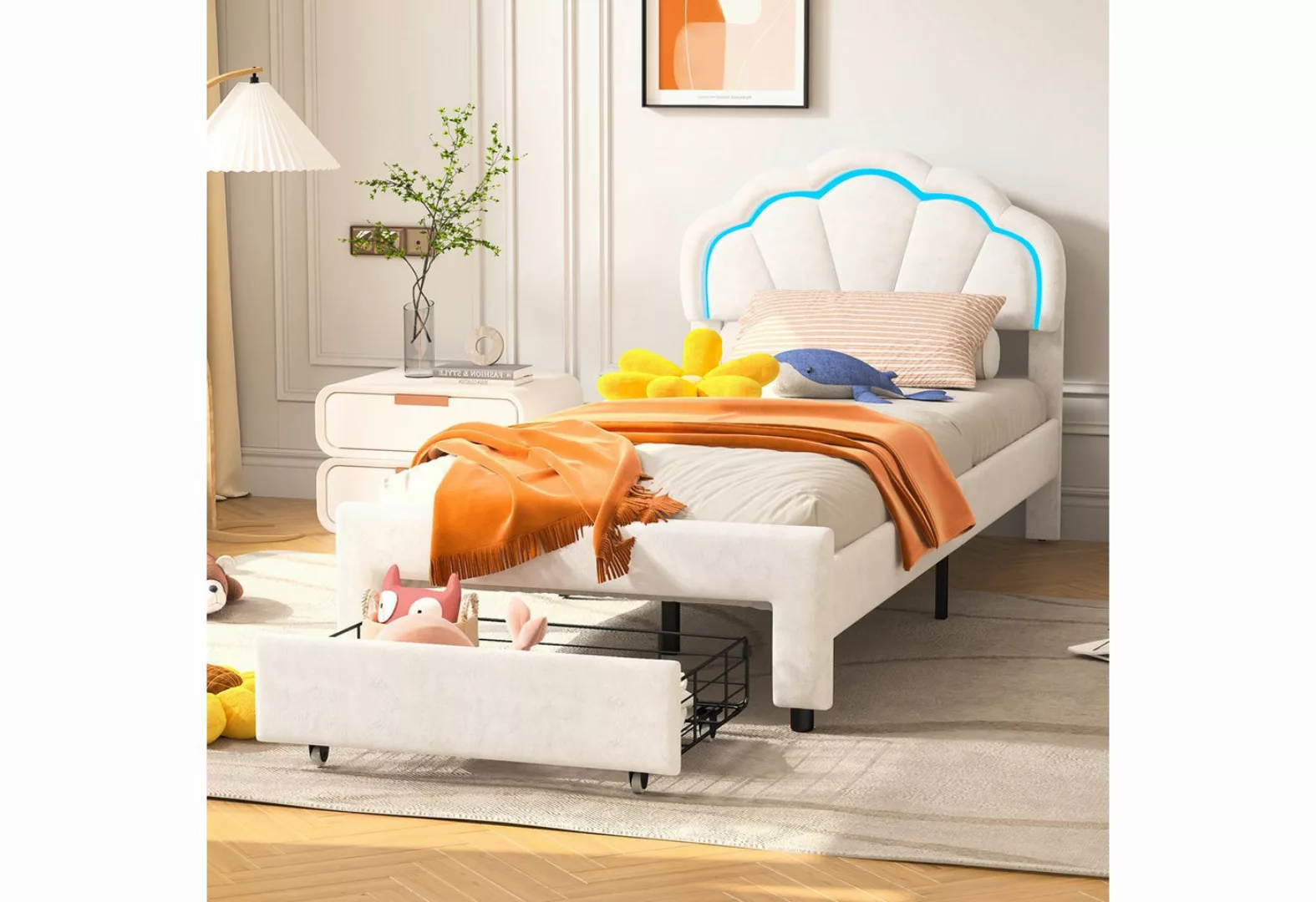 Furnishings Home Polsterbett Weißes Samtbett mit Schubladen + LED-Licht (Se günstig online kaufen