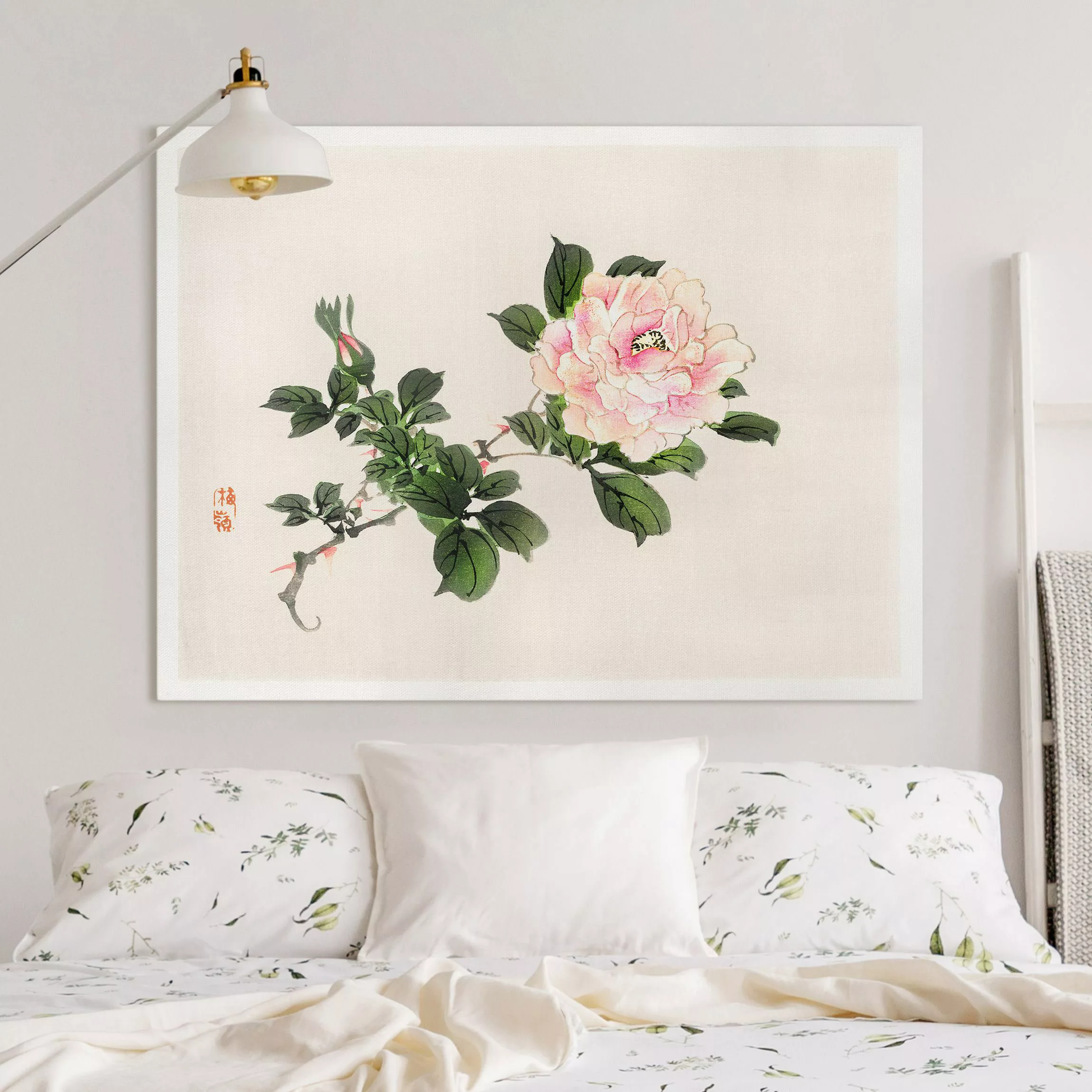 Leinwandbild Asiatische Vintage Zeichnung Rosa Rose günstig online kaufen