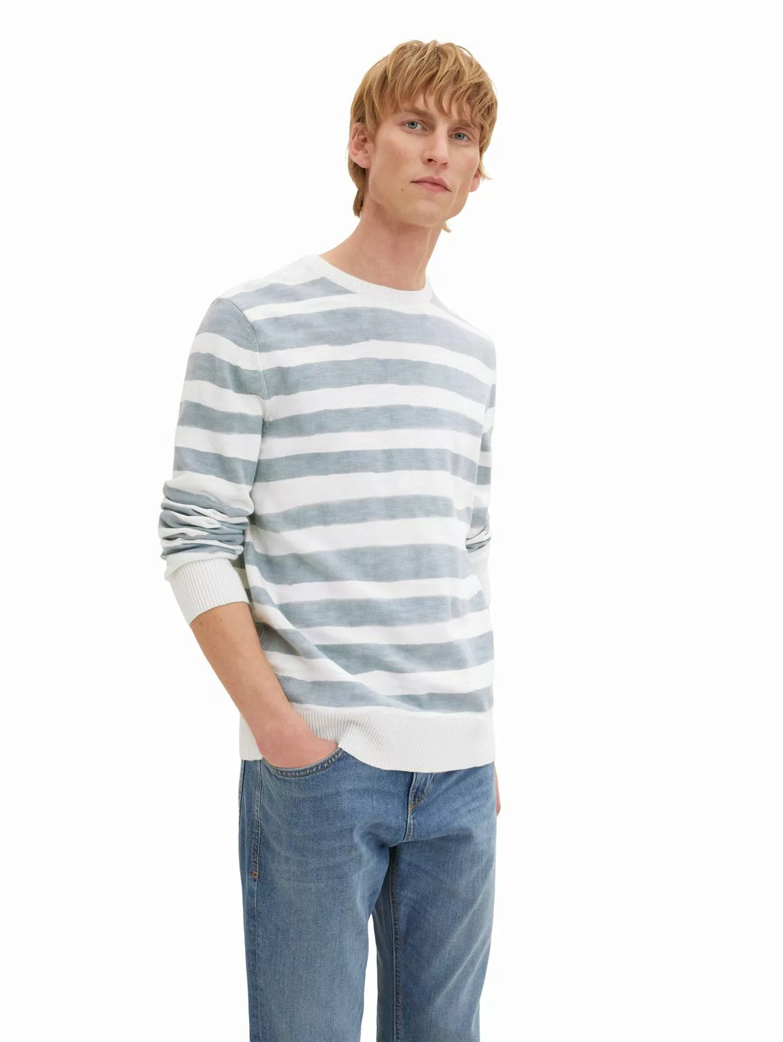 Tom Tailor Herren Rundhals Pullover PRINTED STRIPE KNITTER - Regular Fit günstig online kaufen
