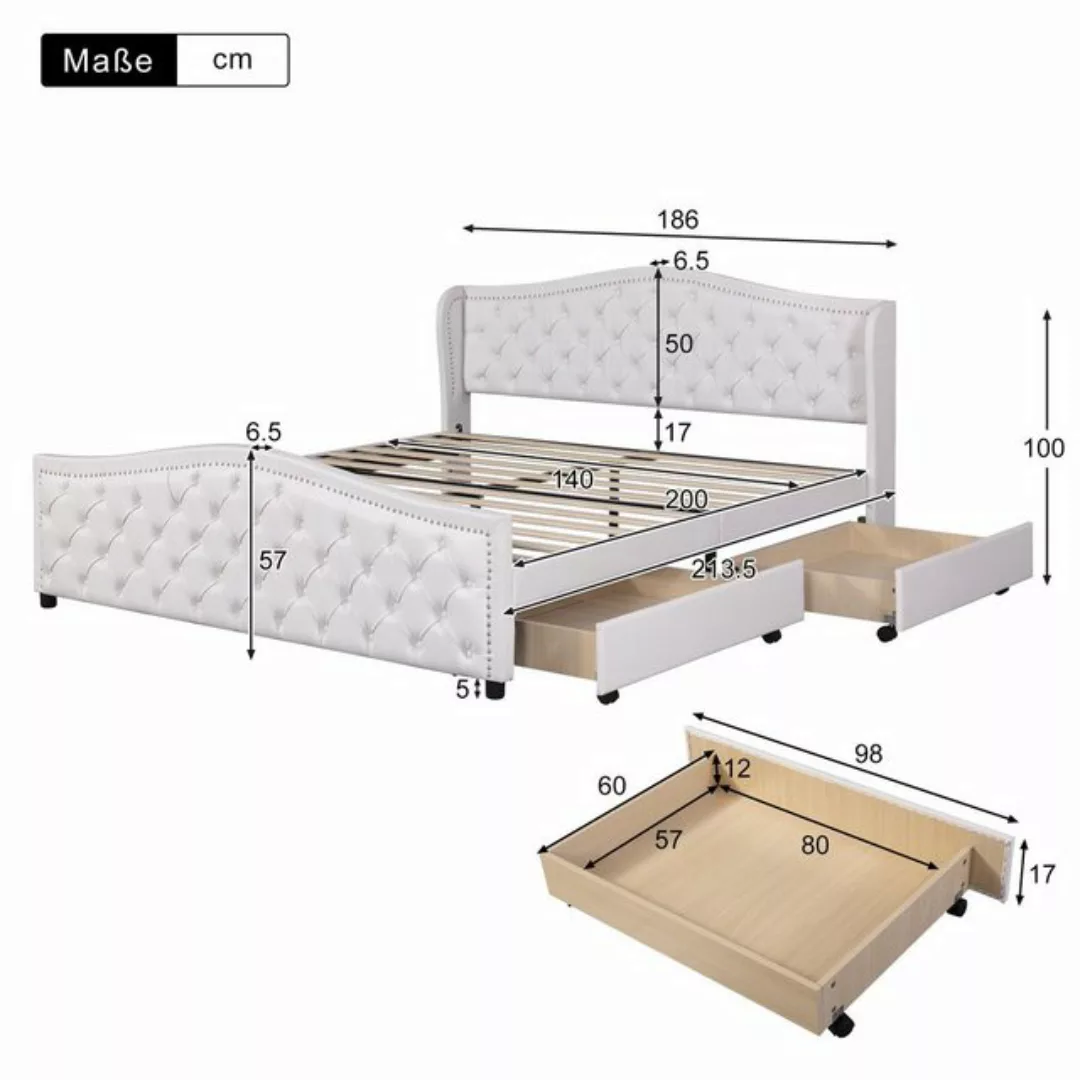 Flieks Polsterbett, Doppelbett mit 2 Schubladen Kunstleder Bezug 180x200cm günstig online kaufen