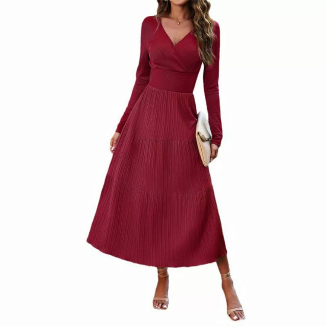 RUZU UG Dirndl Langes Herbstkleid mit V-Ausschnitt für Damen Cocktailkleid günstig online kaufen