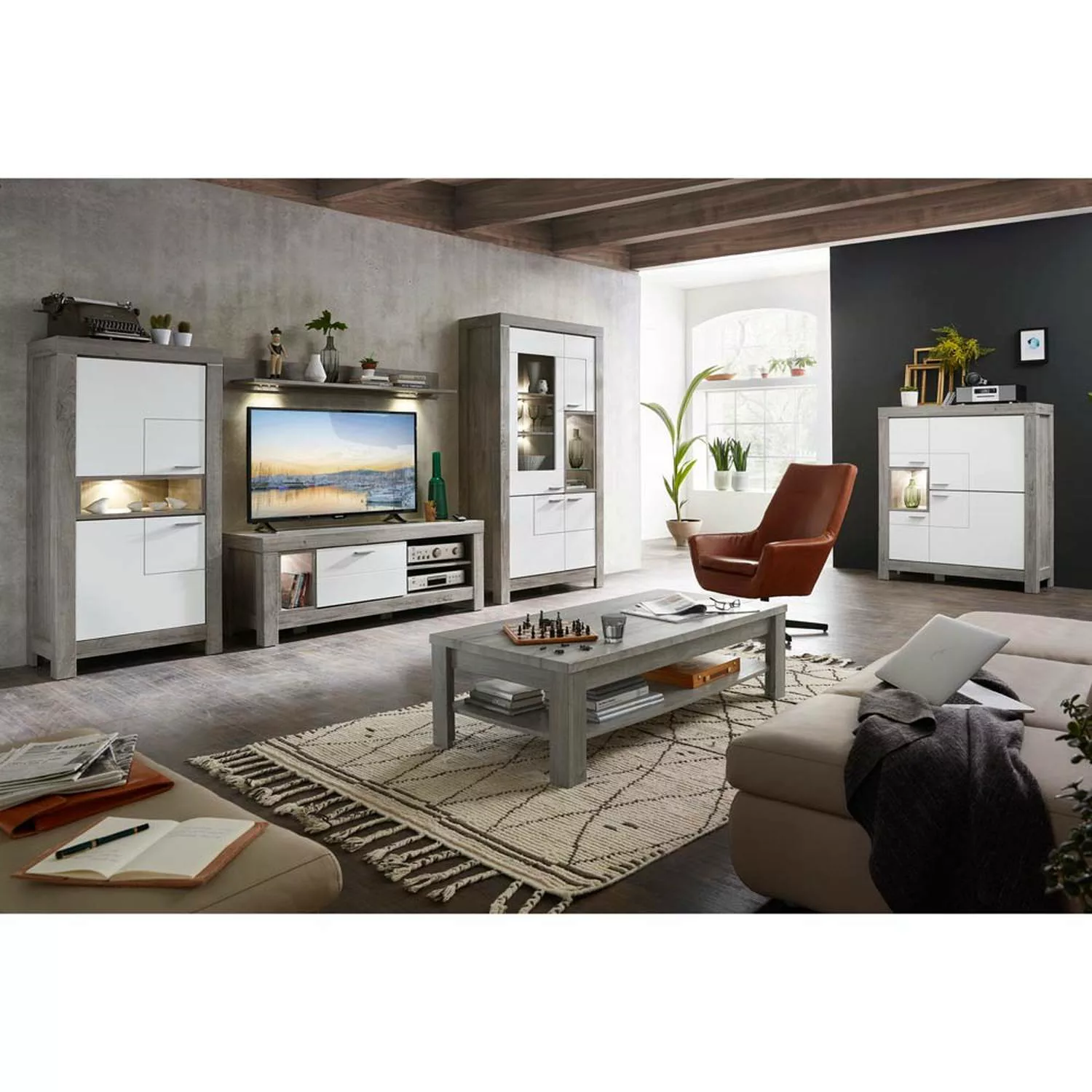 Wohnwand Set mit Highboard und Couchtisch GRONAU-55 in weiß matt und Havele günstig online kaufen