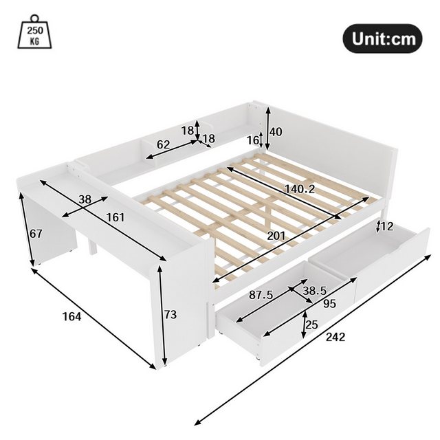 Flieks Kinderbett, Massivholzbett Doppelbett 140x200cm mit Schreibtisch und günstig online kaufen